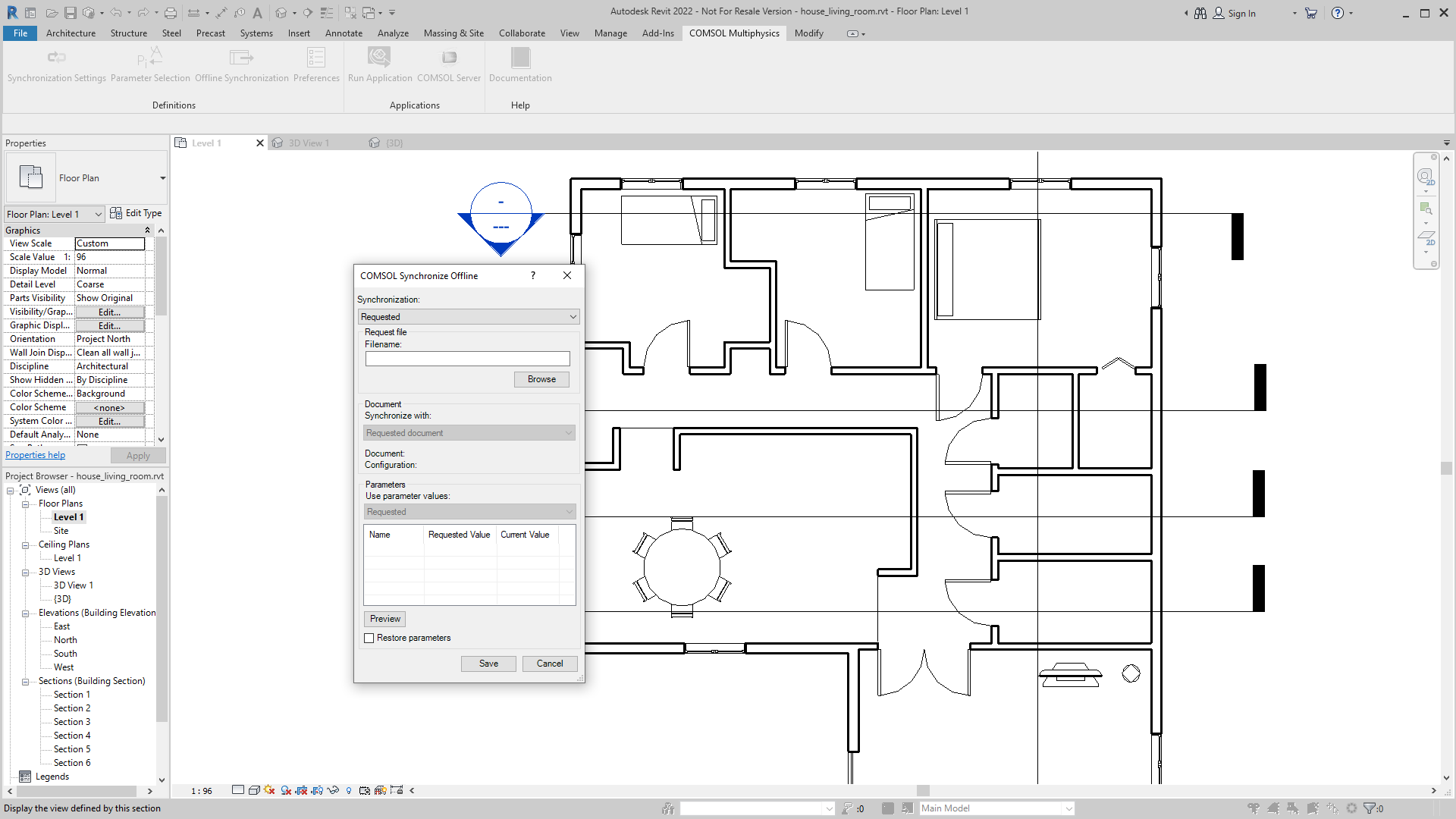 The Revit UI with the COMSOL Synchronize Offline window open.