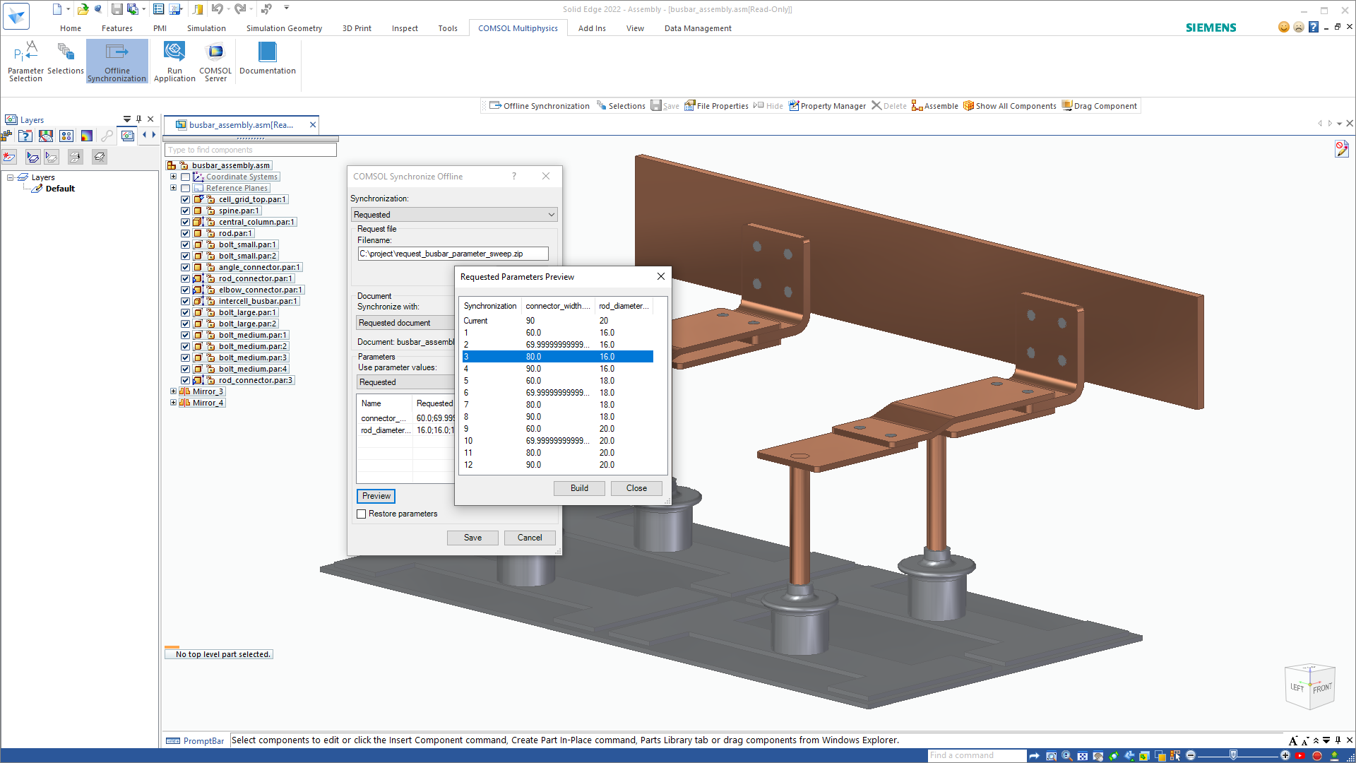 The Solid Edge UI with the COMSOL Synchronize Offline and Requested Parameters Preview windows opened.