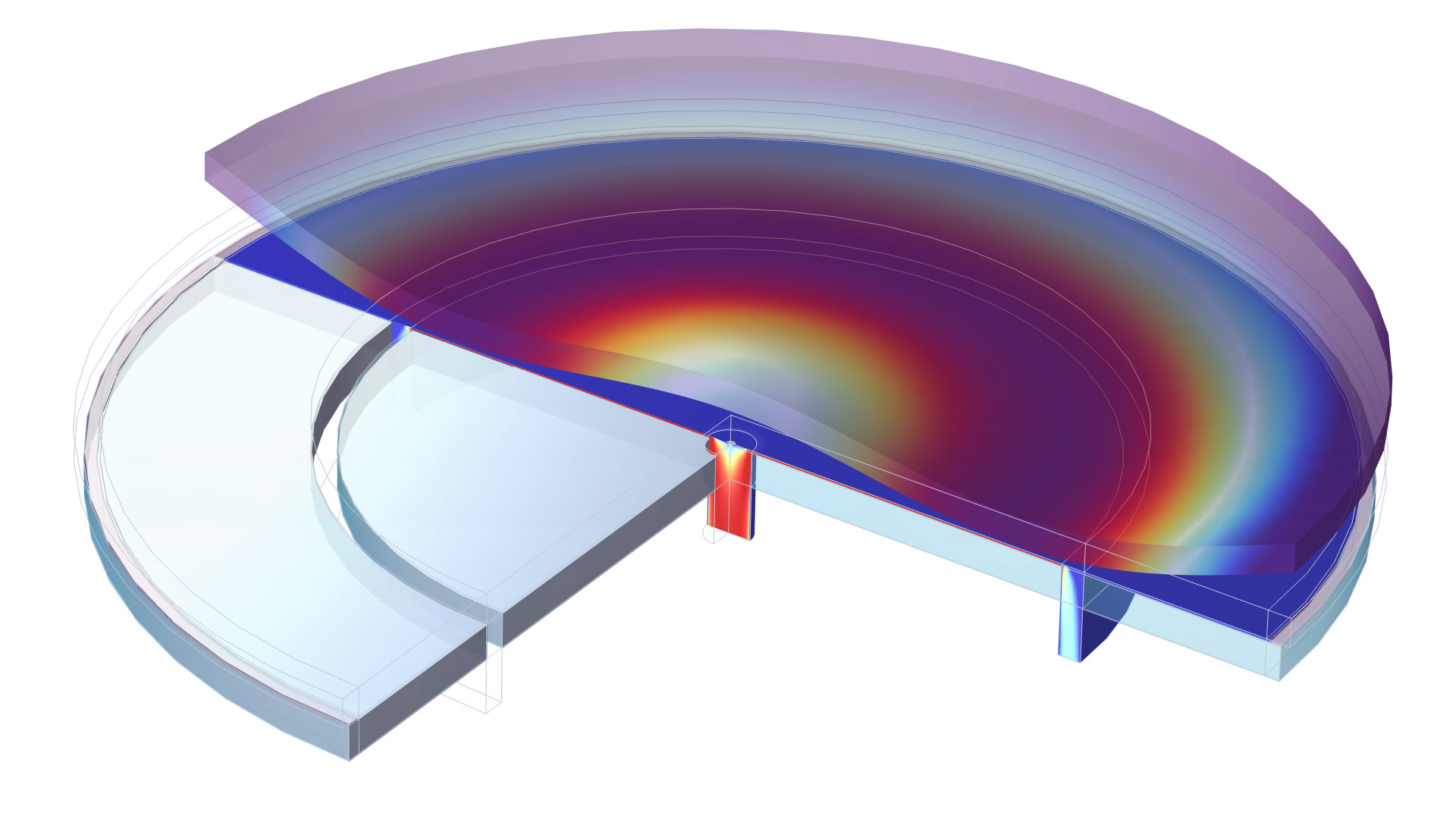 An electrostatic chuck model in the Prism color table.