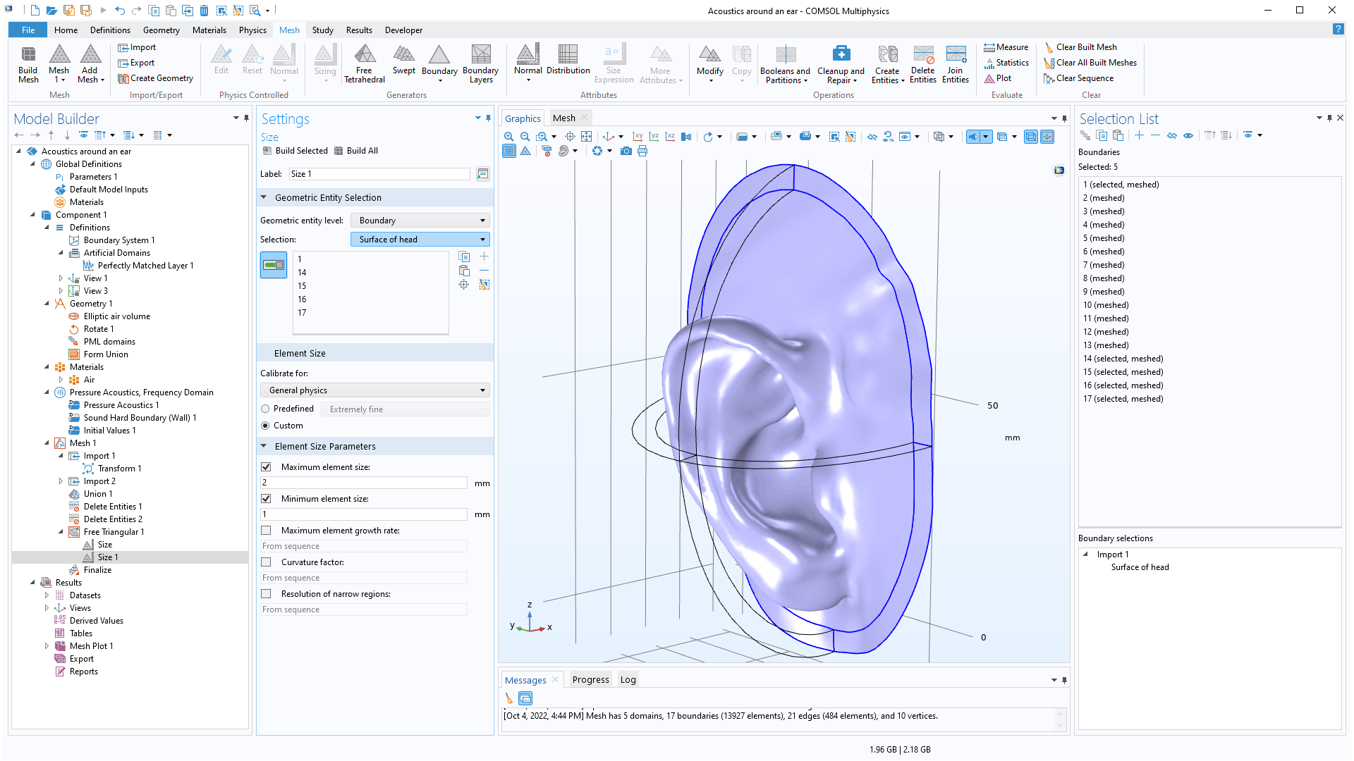 The COMSOL Multiphysics UI showing the Model Builder with the Size node selected, the corresponding Settings window, the Graphics window with an ear geometry, and the Selection List window.