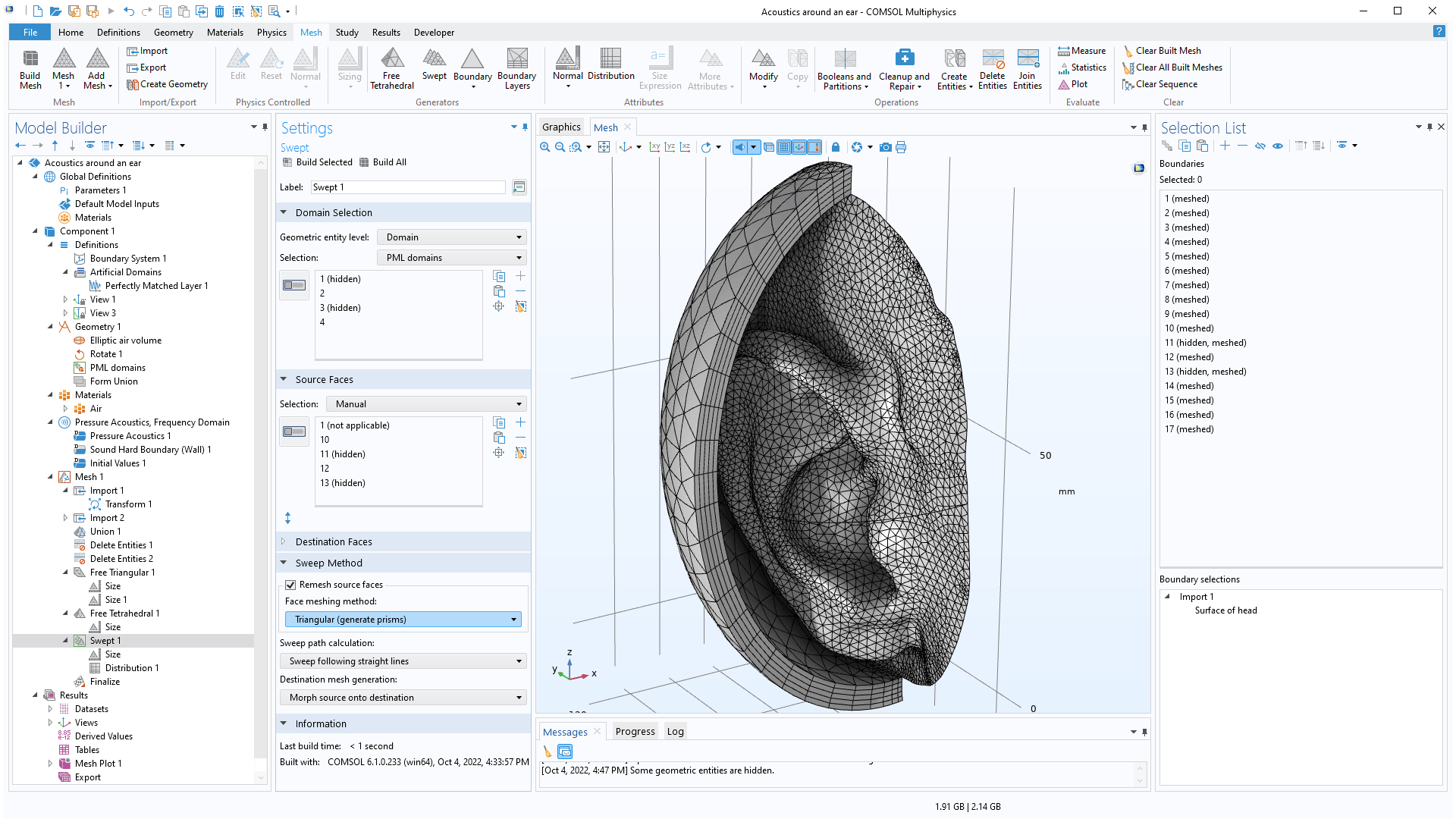 The COMSOL Multiphysics UI showing the Model Builder with the Swept 1 operation selected, the corresponding settings, the Graphics window with a swept mesh of an ear model, and the Selection List window.