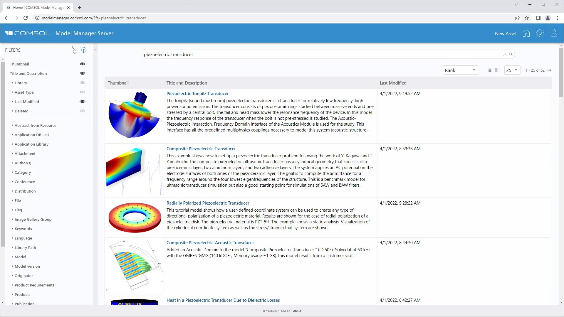 The Model Manager server asset management system opened in a web browser.