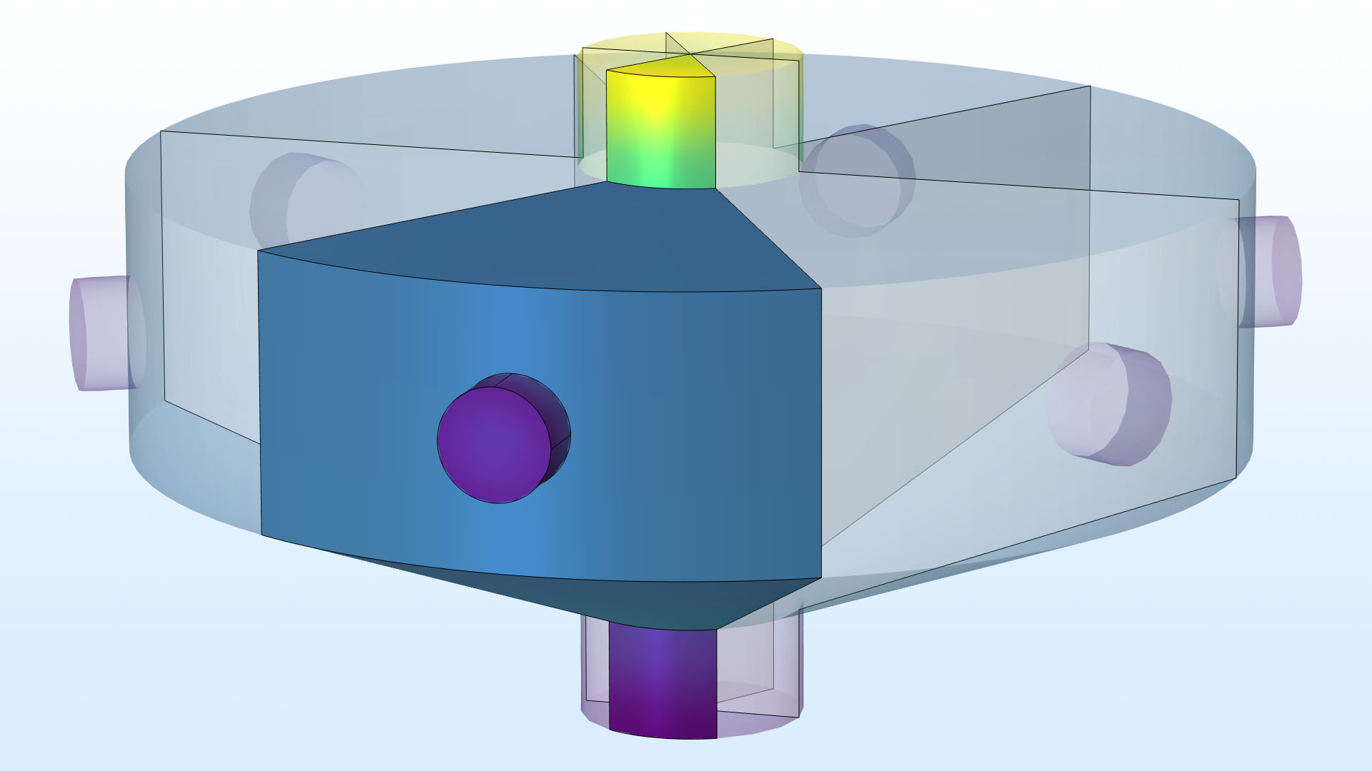 A 3D model with six sectors where five are transparent and one is solid.