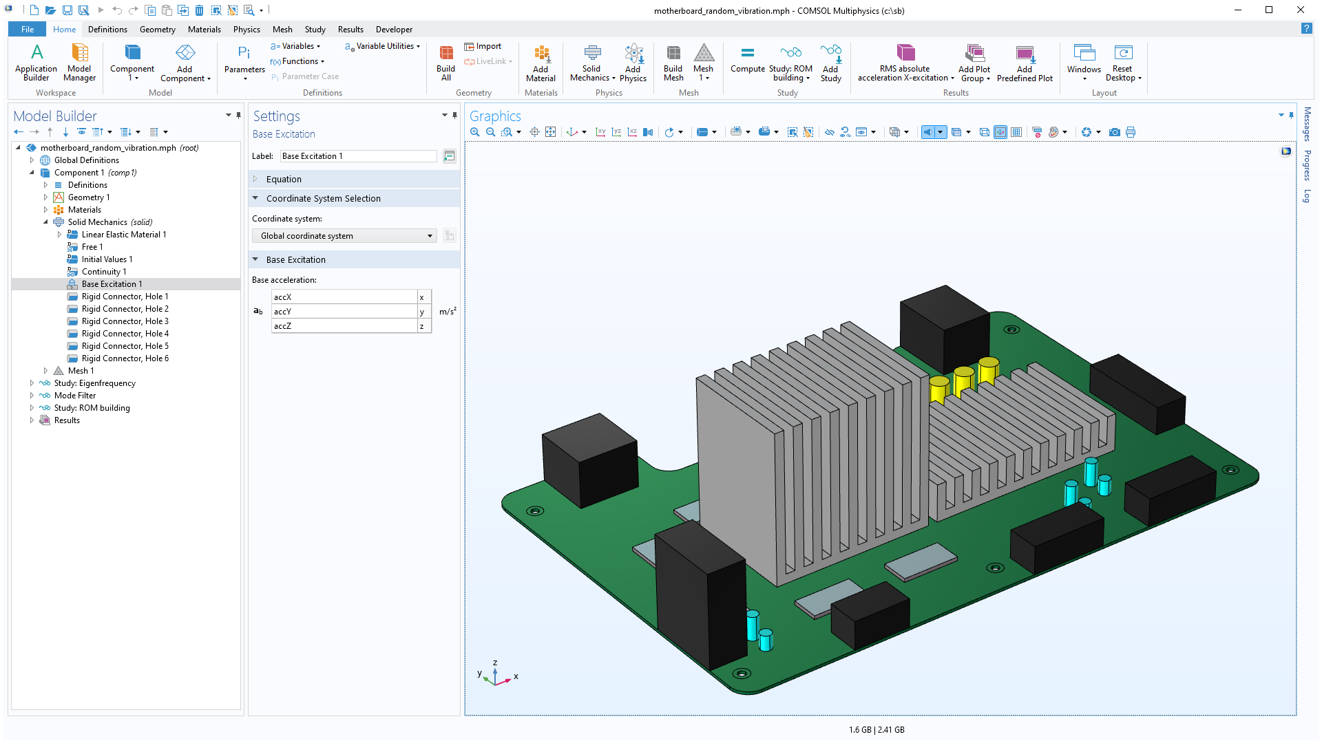 The COMSOL Multiphysics UI showing the Model Builder with the Base Excitation node highlighted, the corresponding Settings window, and a motherboard model in the Graphics window.