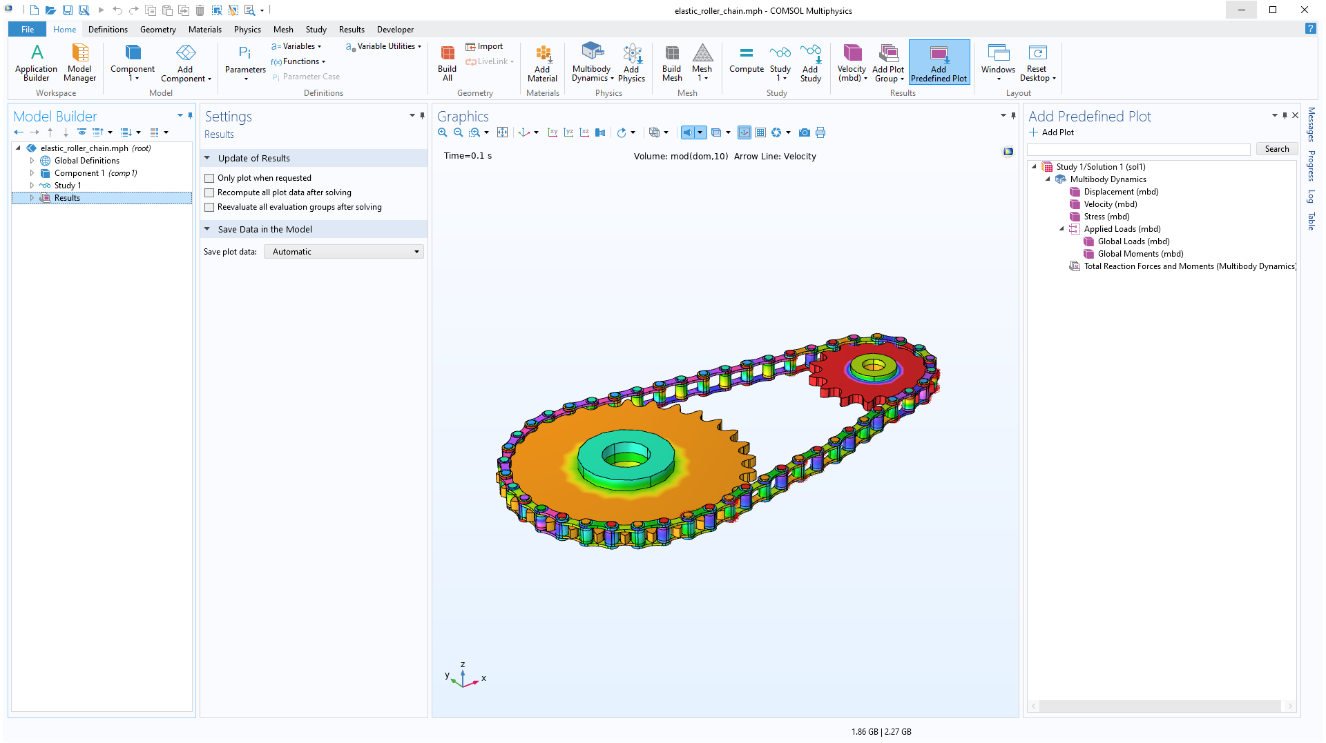 The COMSOL Multiphysics UI showing the Model Builder with the Results node highlighted, the corresponding Settings window, an elastic roller chain model in the Graphics window, and the Add Predefined Plot window opened on the right.