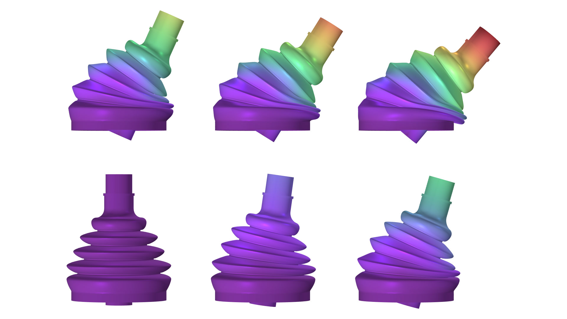 Six results of a rubber boot seal model showing displacements at points of contacts.