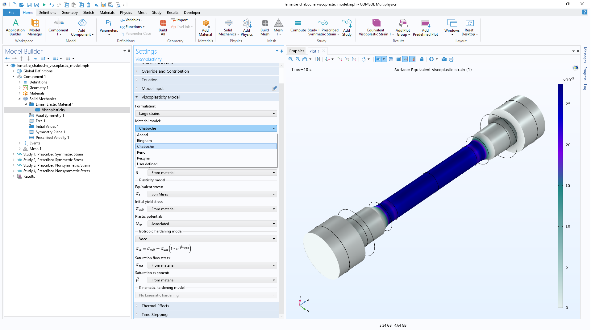 The COMSOL Multiphysics UI showing the Model Builder with the Viscoplasticity node highlighted, the corresponding Settings window, and a viscoplastic model in the Graphics window.
