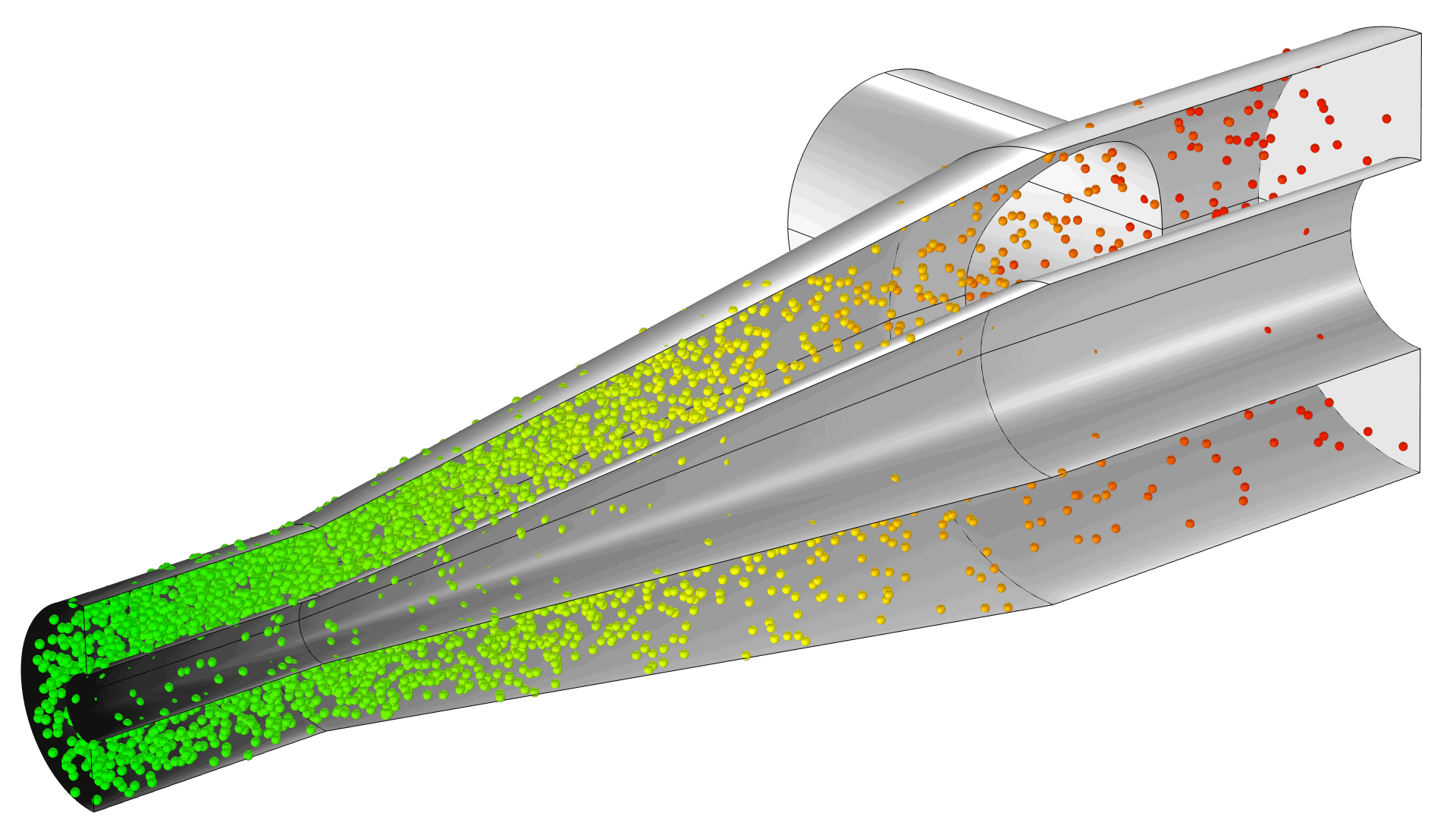 An RF coupler model with particles in the Traffic color table.