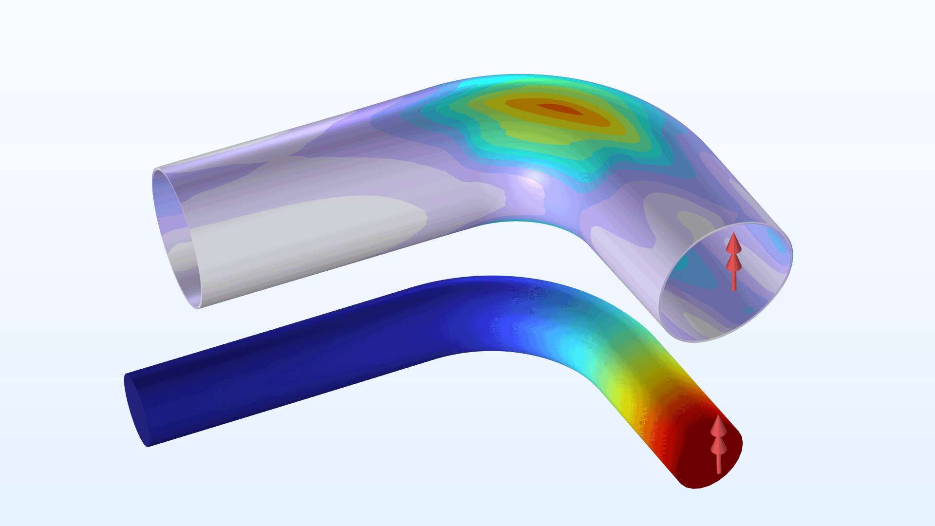 Two pipe bend models showing the stress in the Prism color table and displacement in the Rainbow color table.