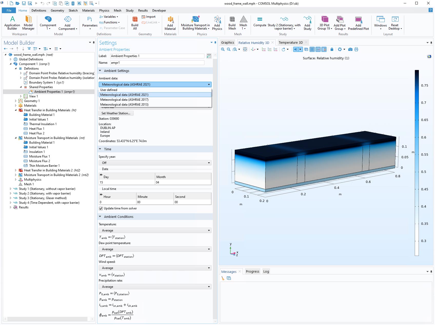 The COMSOL Multiphysics UI showing the Model Builder window with the Ambient Properties node selected, the corresponding Settings window showing the ASHRAE data options, and the wood-frame wall model in the Graphics window.