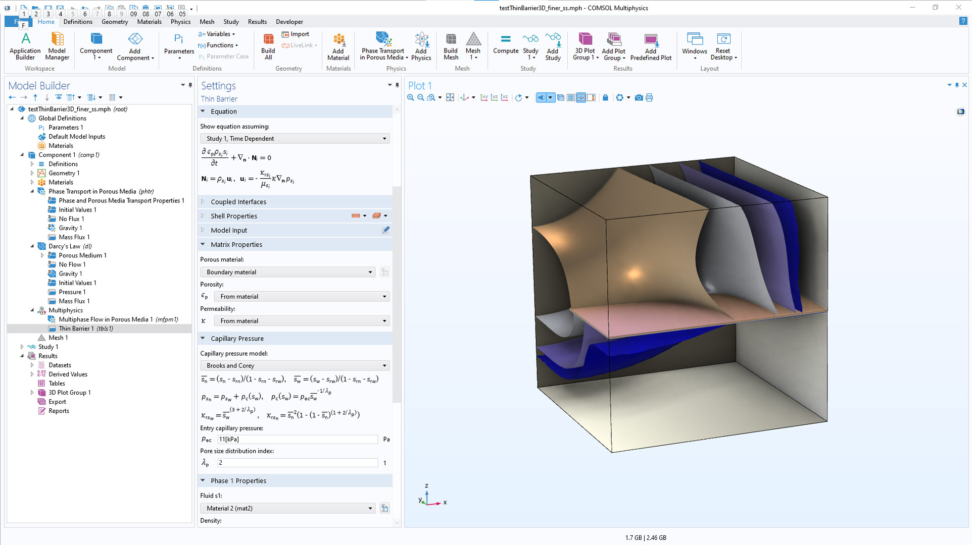 The COMSOL Multiphysics UI showing the Model Builder window with the Thin Barrier coupling selected, the corresponding Settings window, and the Graphics window showing the thin barrier in a porous medium.
