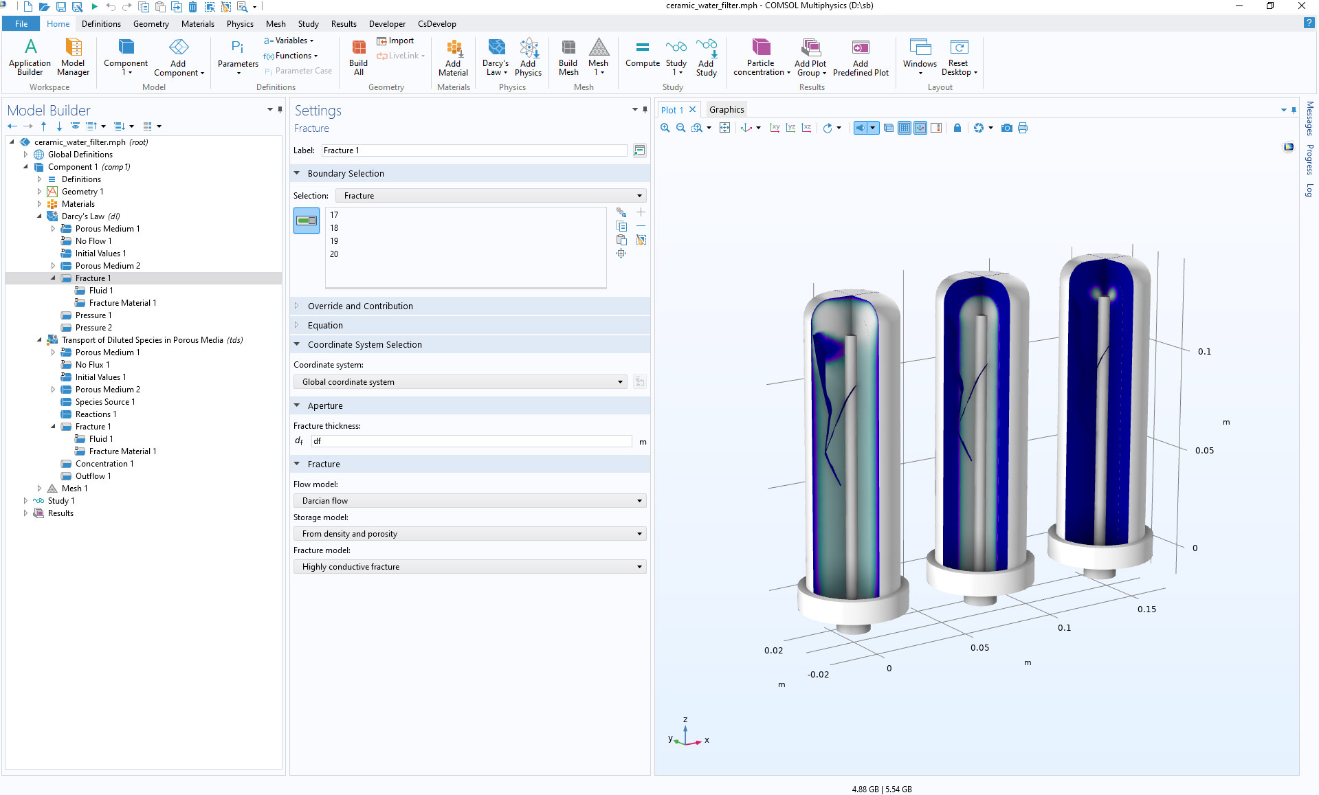 The COMSOL Multiphysics UI showing the Model Builder window with the Fracture node selected, the corresponding Settings window, and the Graphics window with the ceramic water filter model.