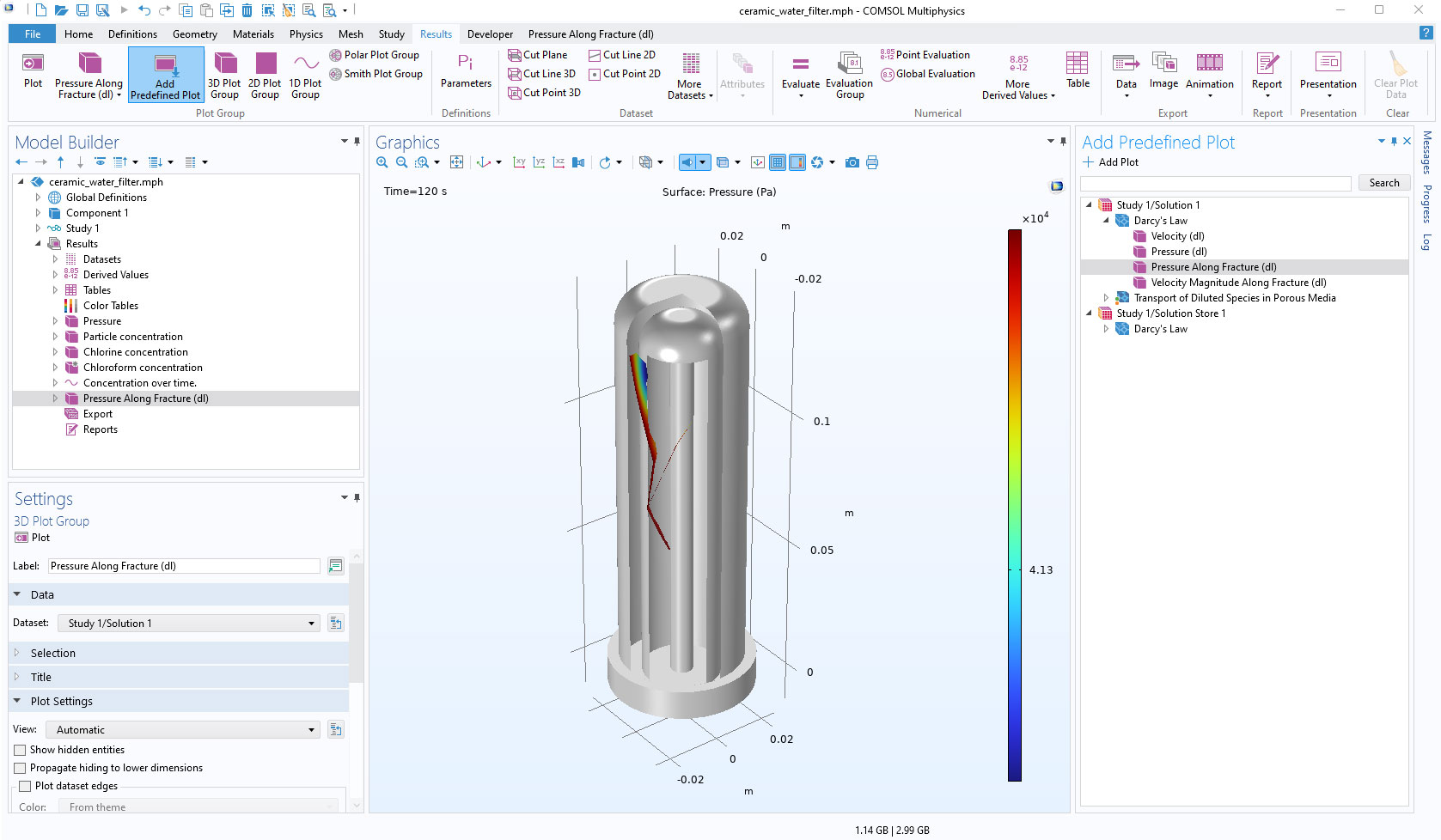 The COMSOL Multiphysics UI showing the Model Builder window with the Pressure Along Fracture plot selected, the water filter model in the Graphics window, and the Add Predefined Plot window.