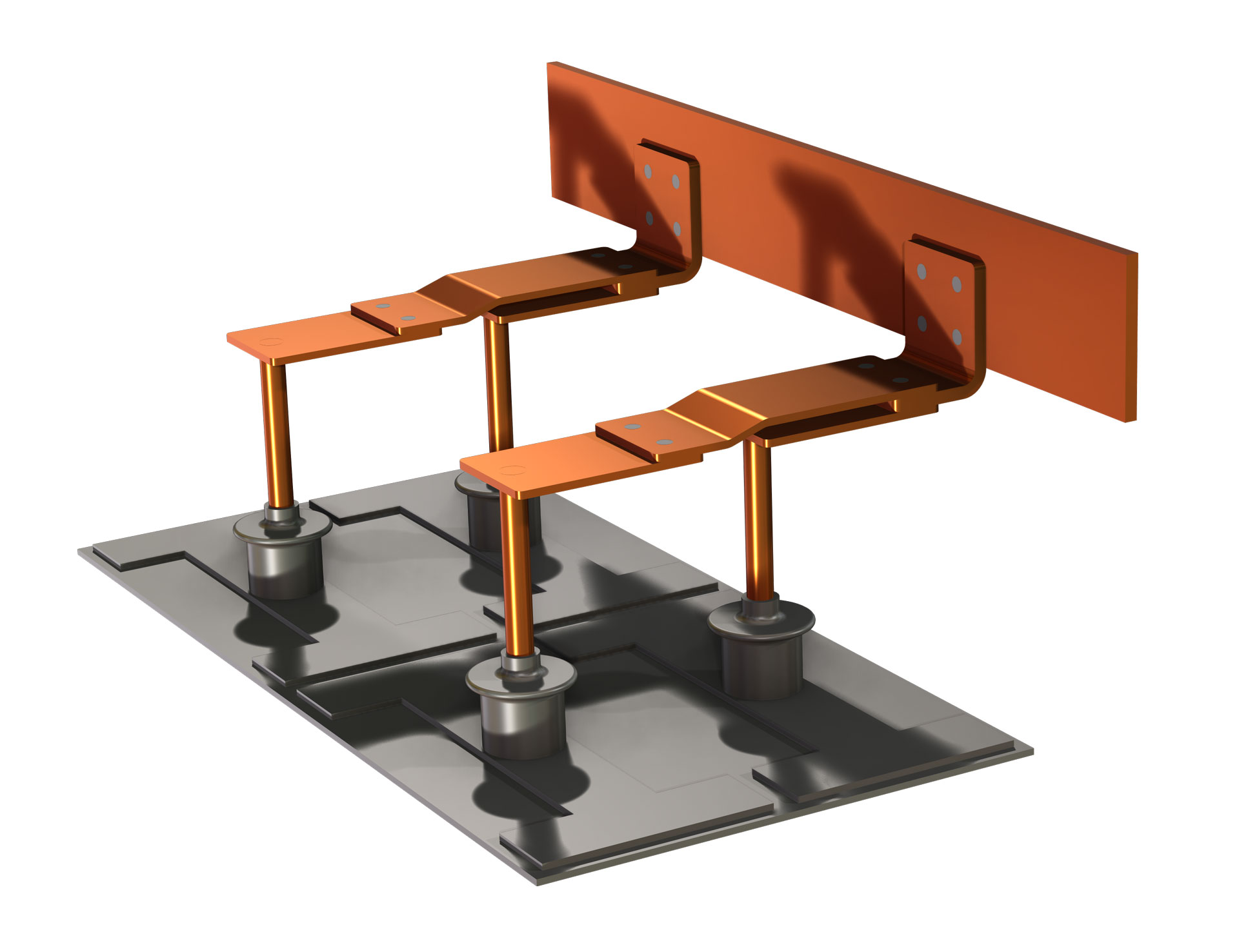 A busbar assembly model showing the material appearance and shadows.