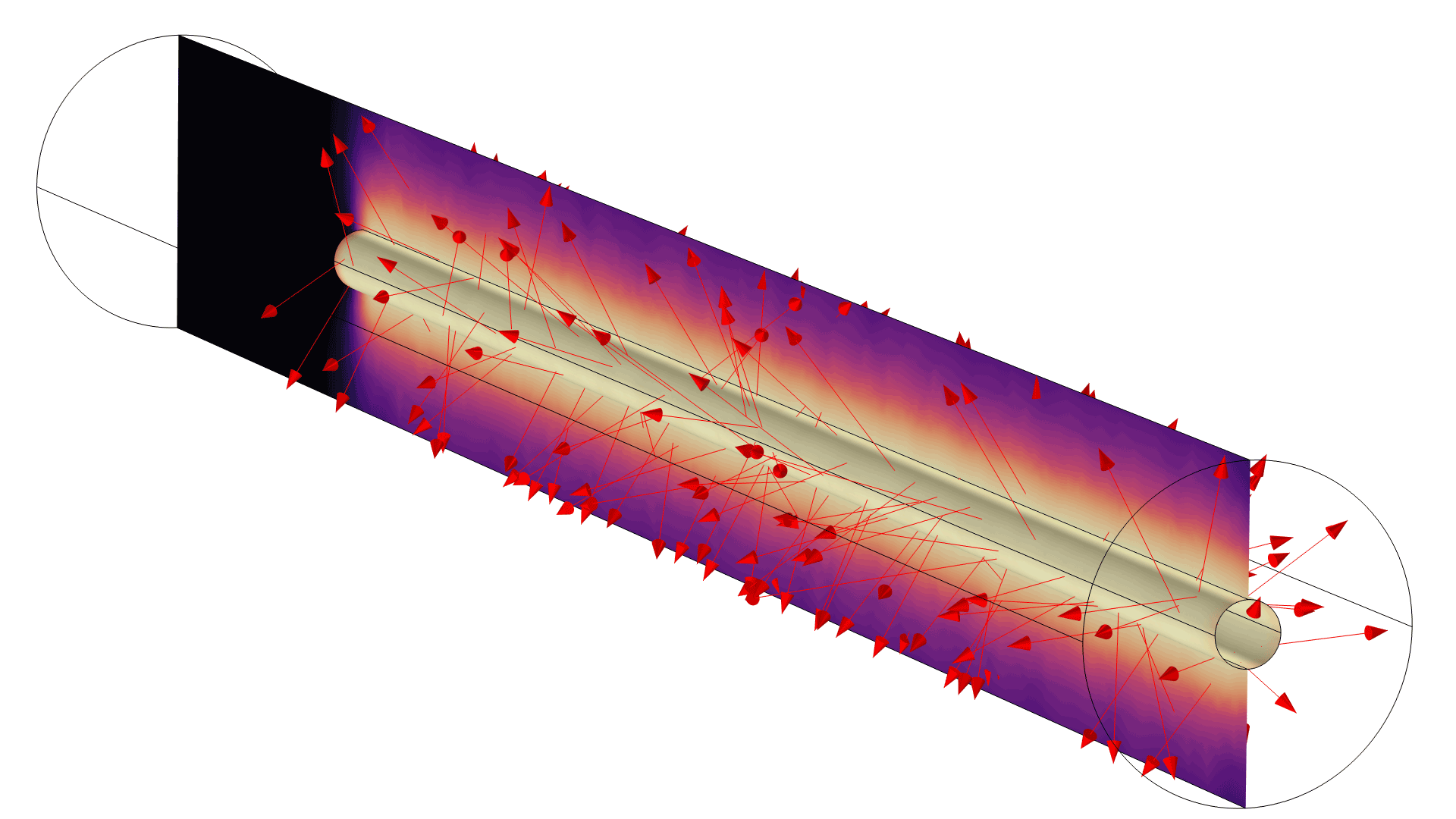A UV lamp model showing the fluence rate in the Magma color table and rays shown with red arrows.
