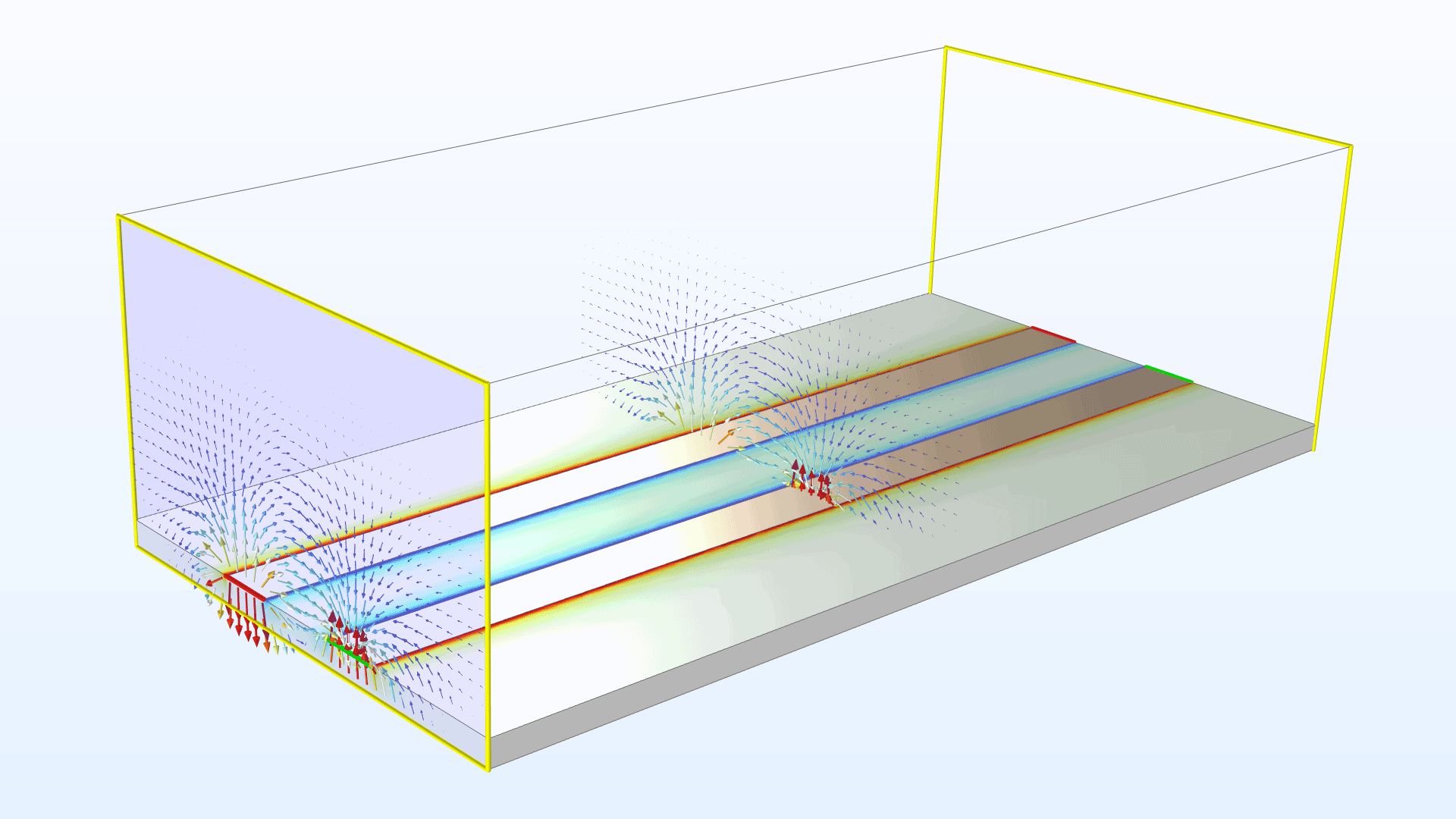A differential microstrip line model showing the electric field distribution in the Rainbow Light color table.