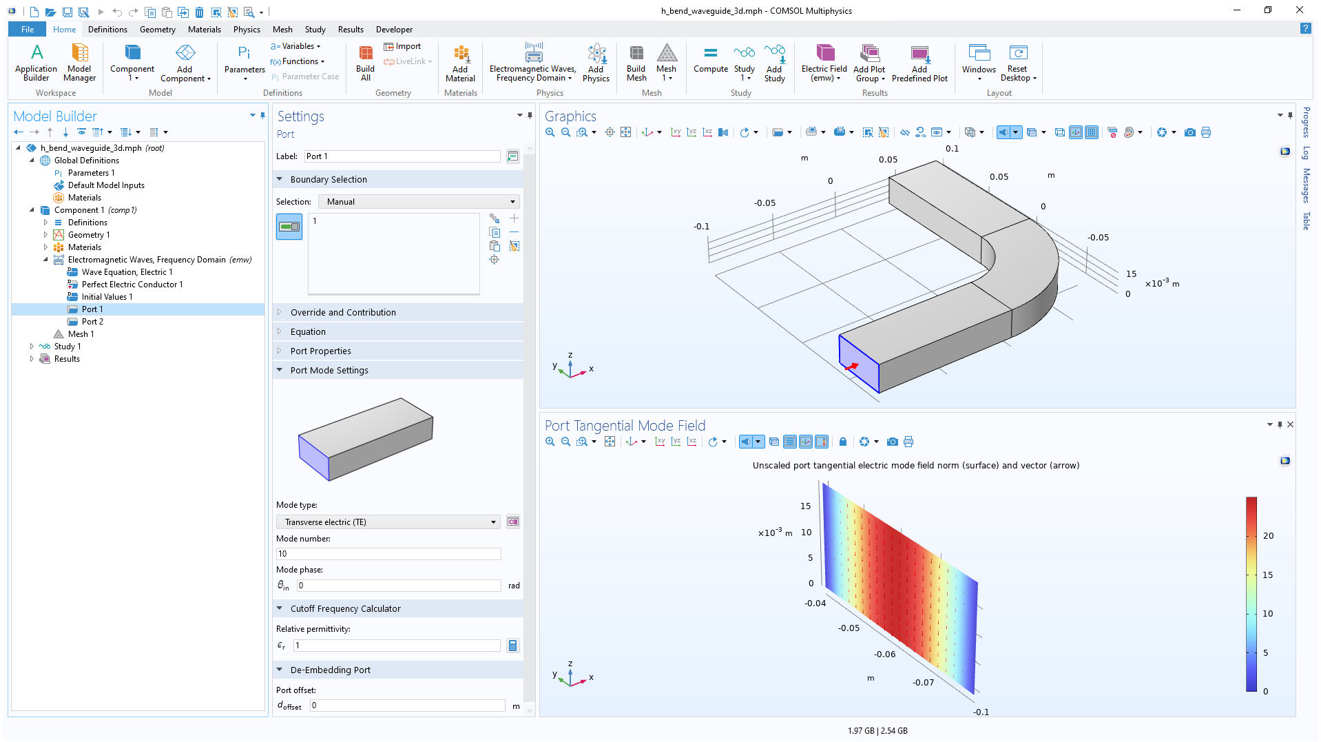 The COMSOL Multiphysics UI showing the Model Builder with the Port condition selected, the corresponding Settings window, a Graphics window with an H-bend model, and a Port Tangential Mode Field window showing a mode field in the Rainbow color table.
