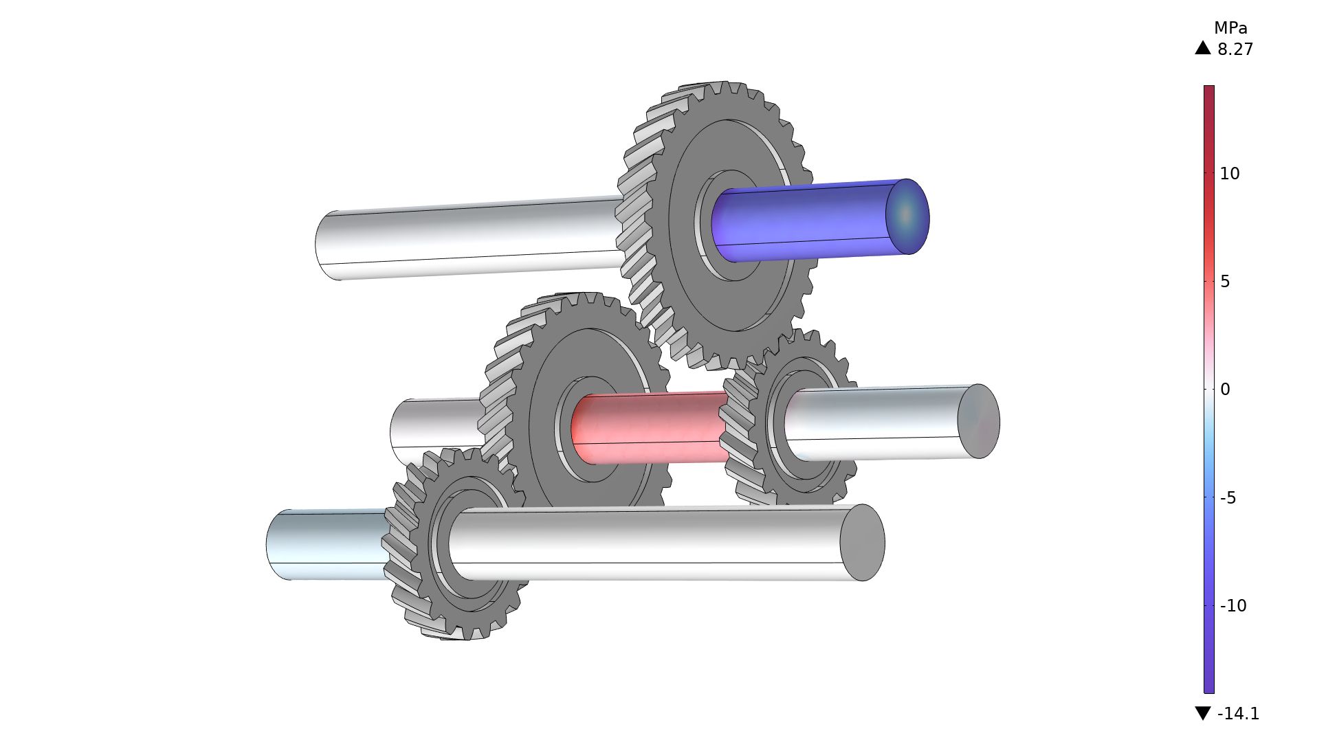 Three rotor shafts showing the shear stress in the Wave Light color table.