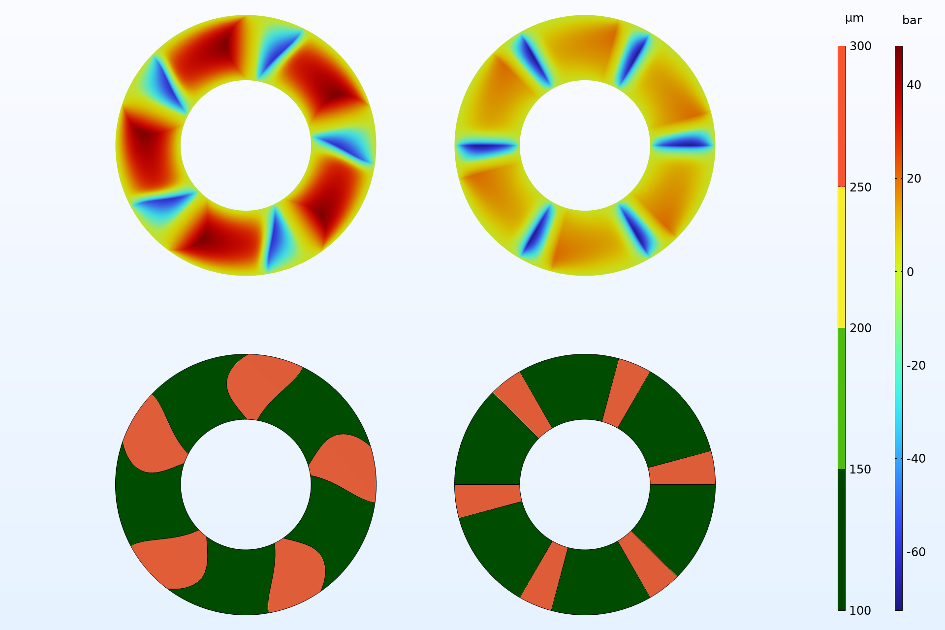 Four step thrust bearing models showing the optimized results on the left and the original results on the right.