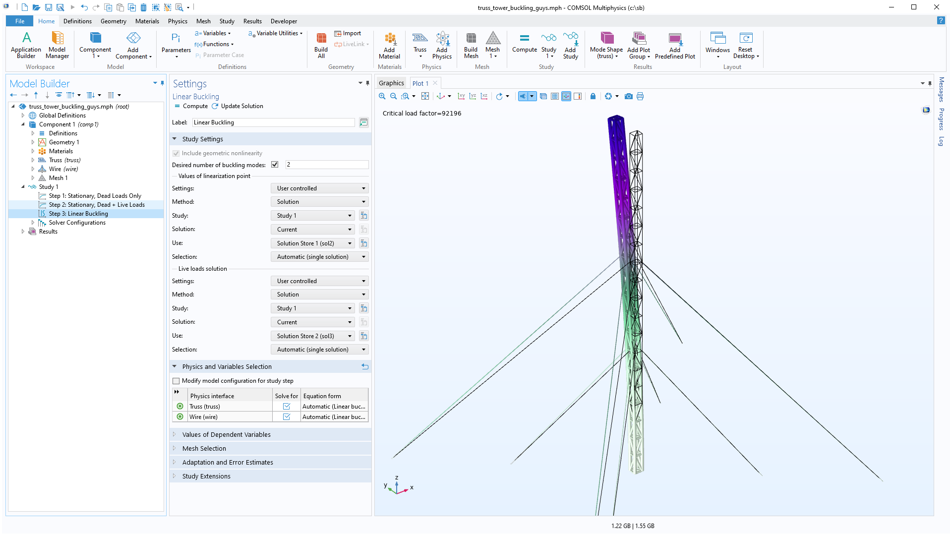 The COMSOL Multiphysics UI showing the Model Builder with the Linear Buckling node highlighted, the corresponding Settings window, and a truss tower model in the Graphics window.