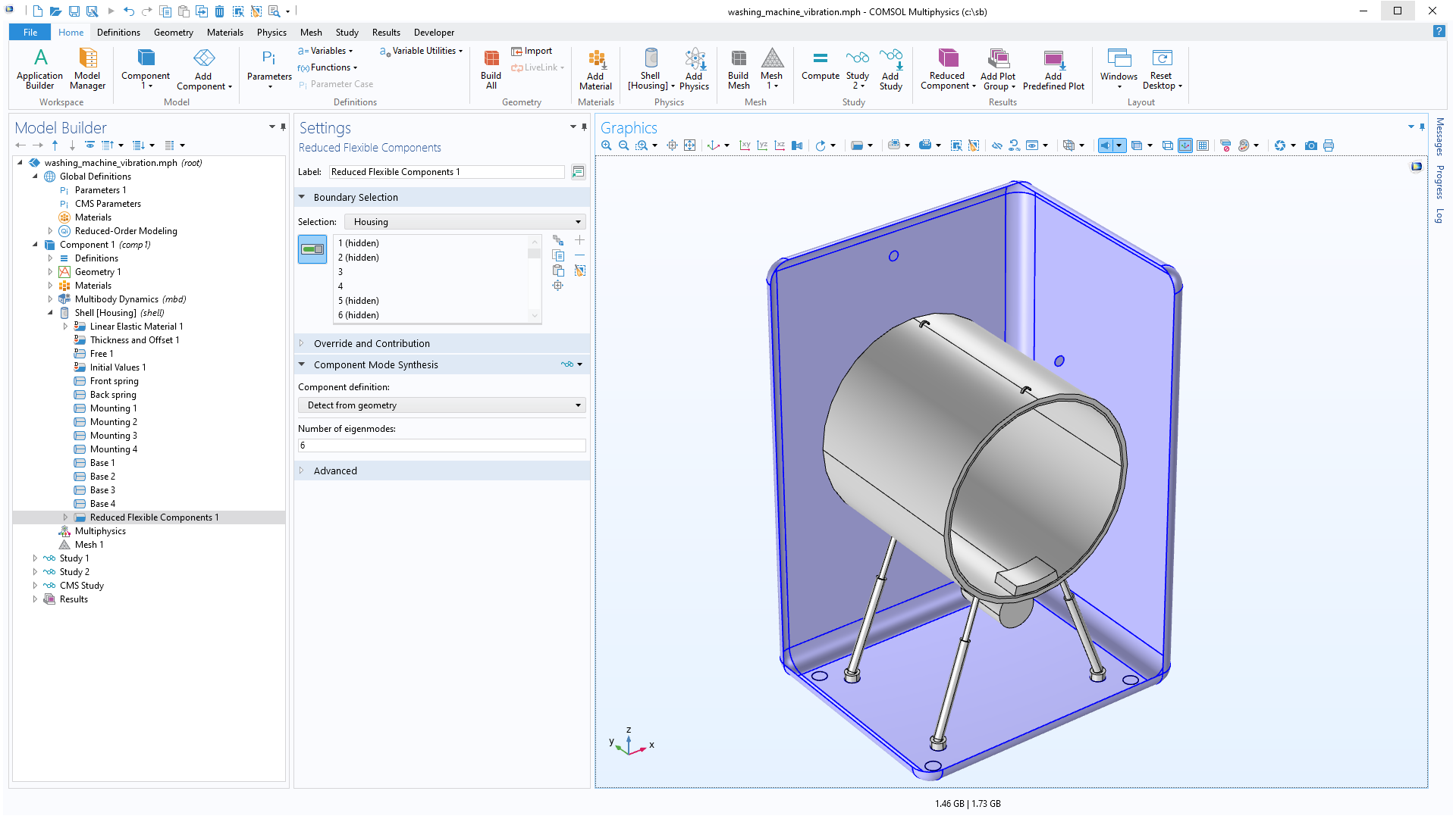 The COMSOL Multiphysics UI showing the Model Builder with the Reduced Flexible Components node highlighted, the corresponding Settings window, and a washing machine model in the Graphics window.