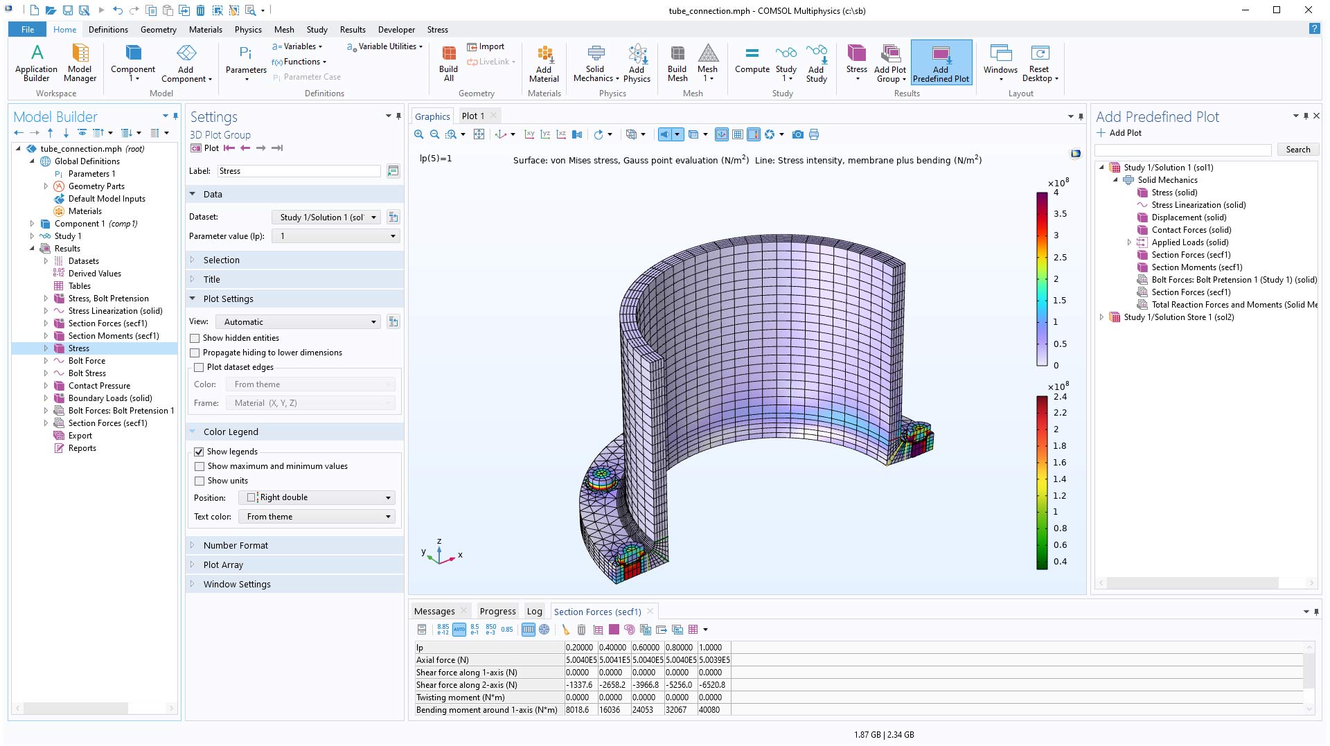 The COMSOL Multiphysics UI showing the Model Builder with a 3D Plot Group node highlighted, the corresponding Settings window, a tube connection model in the Graphics window, and an Add Predefined Plot window.