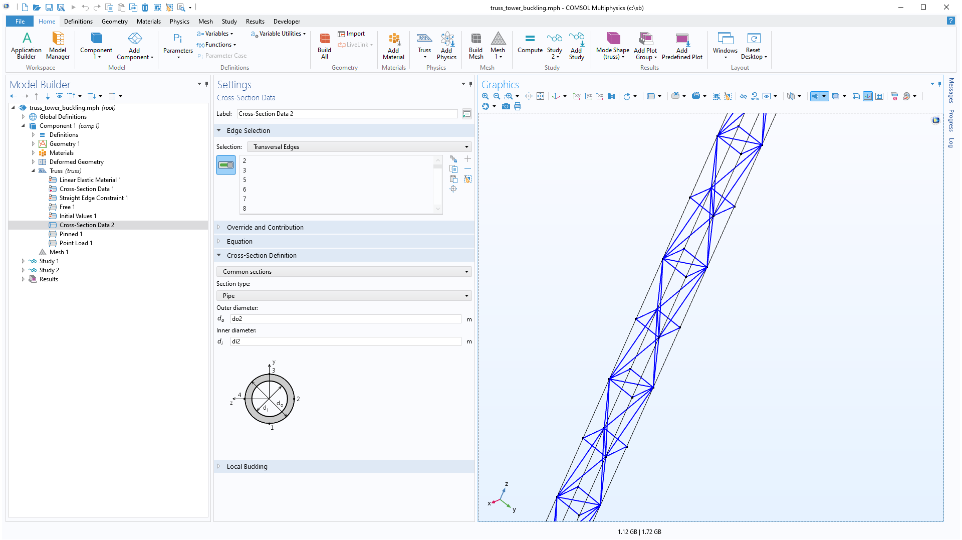 The COMSOL Multiphysics UI showing the Model Builder with the Cross-Section Data node highlighted, the corresponding Settings window, and a truss tower model in the Graphics window.