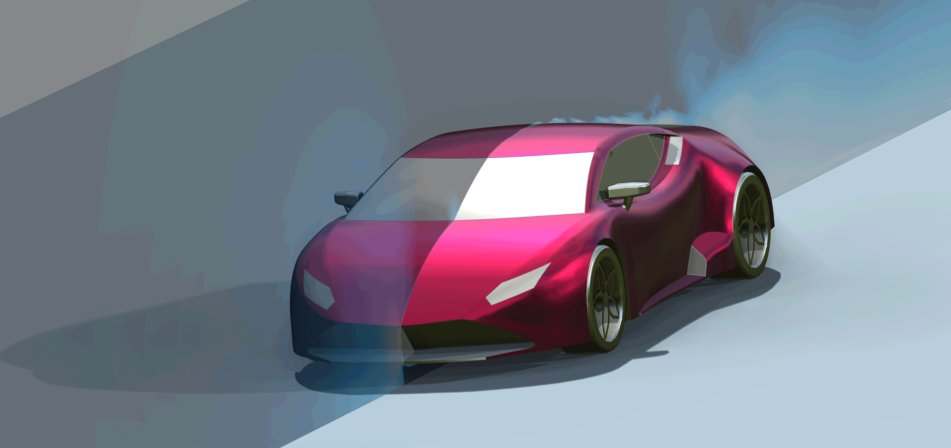 A car model in pink showing the fluid–structure interaction.