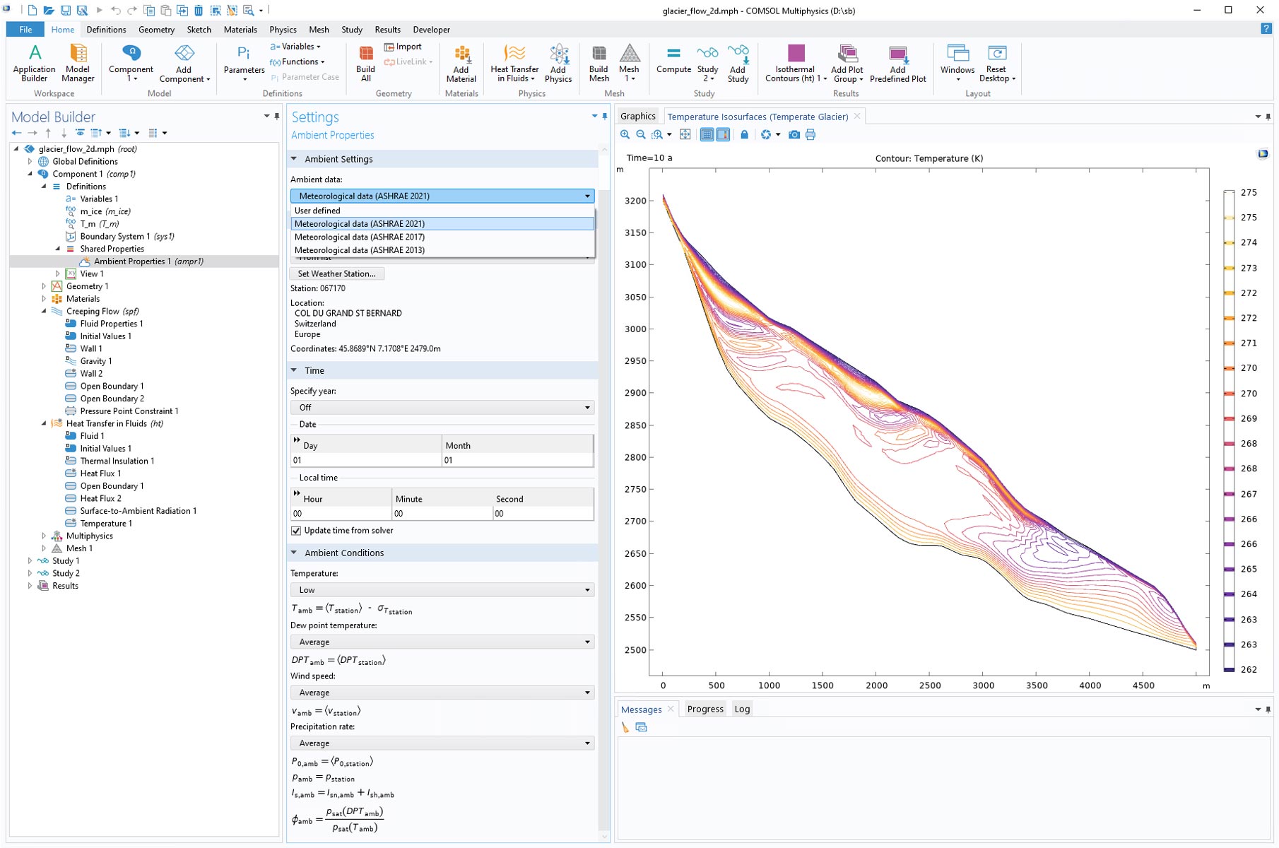 The COMSOL Multiphysics UI showing the Model Builder window with the Ambient Properties node highlighted, the corresponding Settings window showing the ASHRAE 2021 data available, and the Graphics window with the Glacier Flow model.