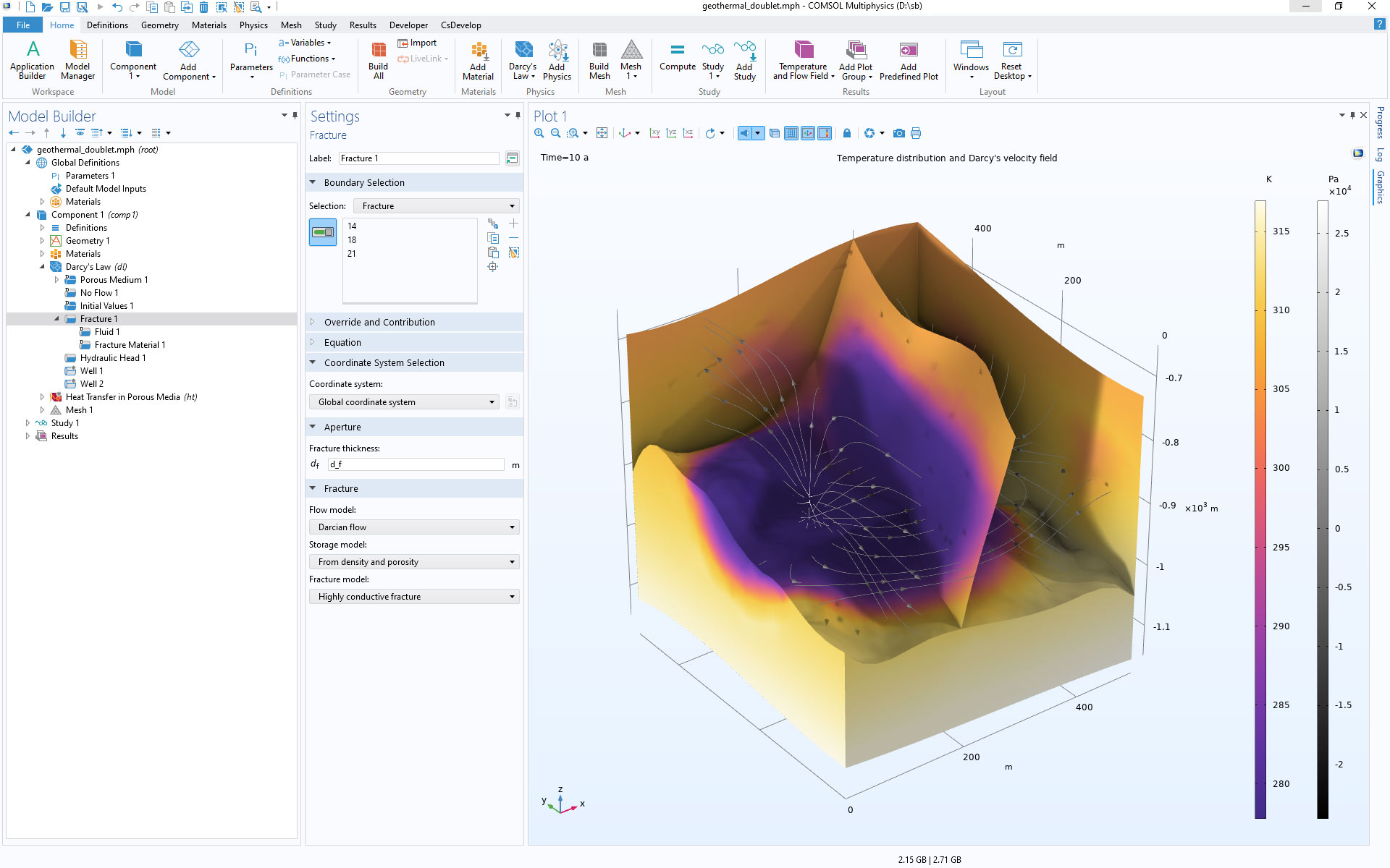 The COMSOL Multiphysics UI showing the Model Builder window with the Fracture node selected, the corresponding Settings window, and the Graphics window showing a porous medium.
