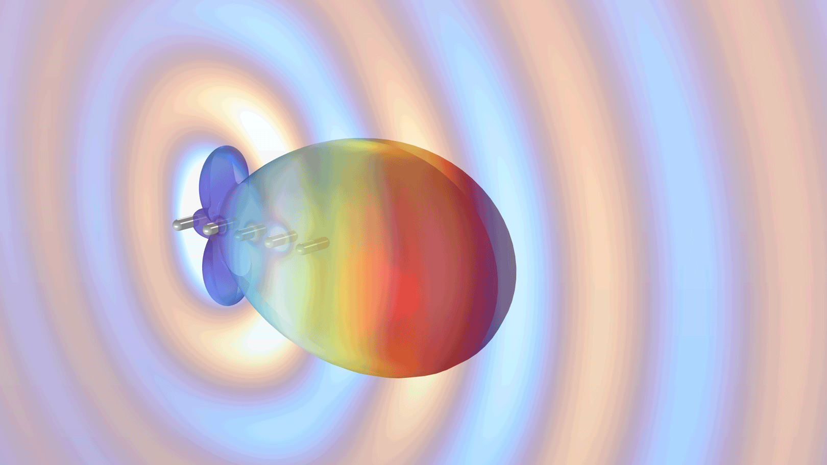 An antenna model with the far-field radiation pattern in the Rainbow color table.