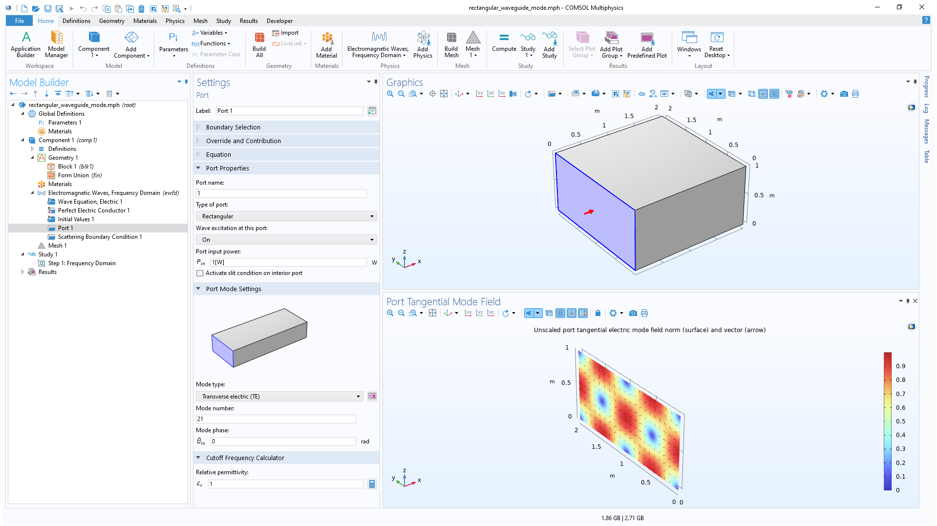 The COMSOL Multiphysics UI showing the Model Builder with the Port condition selected, the corresponding settings, a Graphics window with a rectangular waveguide model, and a second Graphics window showing an electric field in the Rainbow color table.
