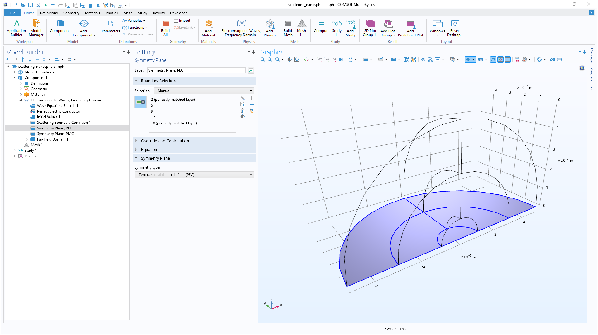 The COMSOL Multiphysics UI showing the Model Builder with a Symmetry Plane node selected, the corresponding Settings window, and the Graphics window with a nanosphere geometry.