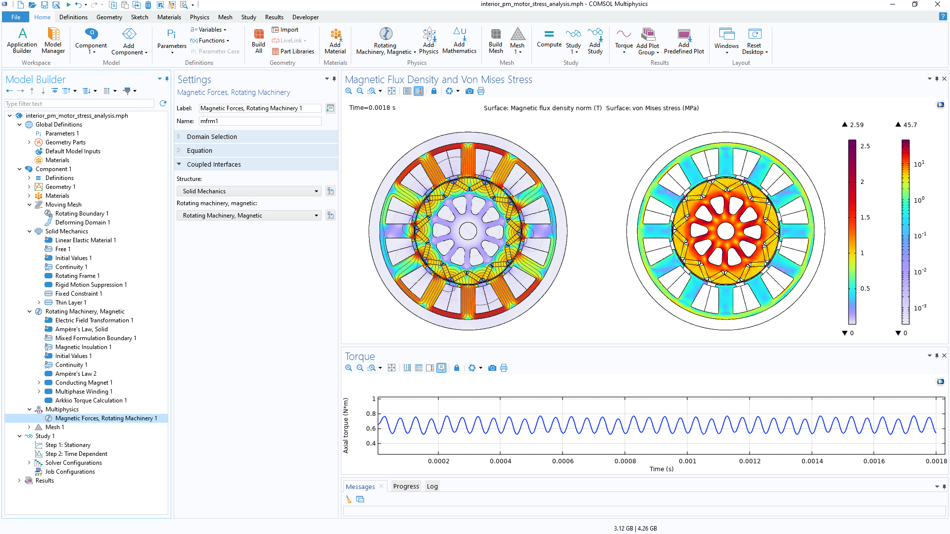 The COMSOL Multiphysics UI showing the Model Builder with the Magnetic Forces, Rotating Machinery node highlighted; the corresponding Settings window; two motors in a Graphics window; and a 1D plot.