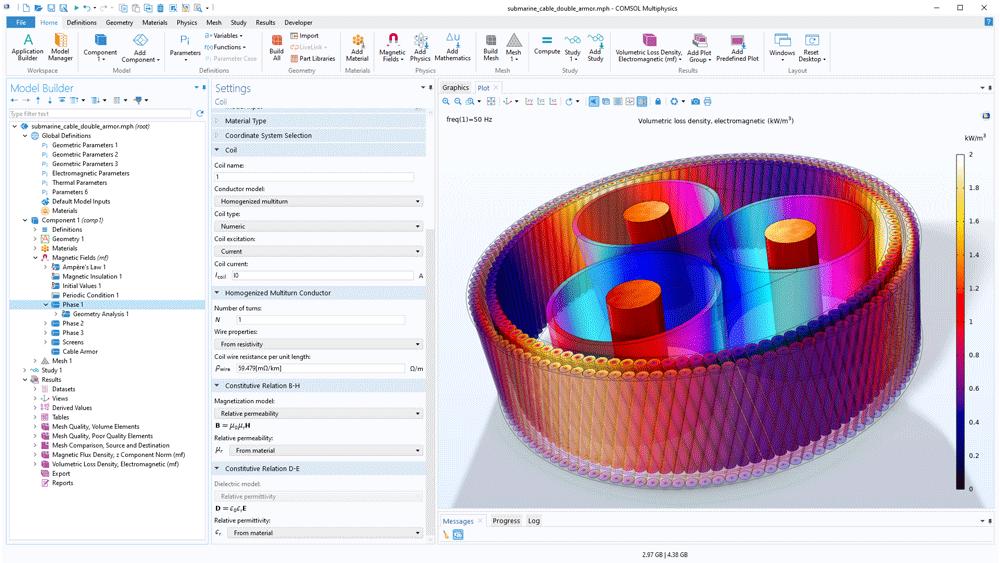 The COMSOL Multiphysics UI showing the Model Builder with a Coil node highlighted, the corresponding Settings window, and a coil model in the Graphics window.