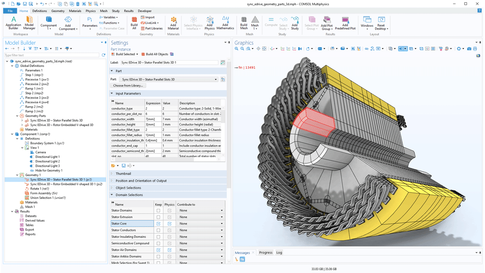 The COMSOL Multiphysics UI showing the Model Builder with a Part Instance node highlighted, the corresponding Settings window, and a motor model in the Graphics window.
