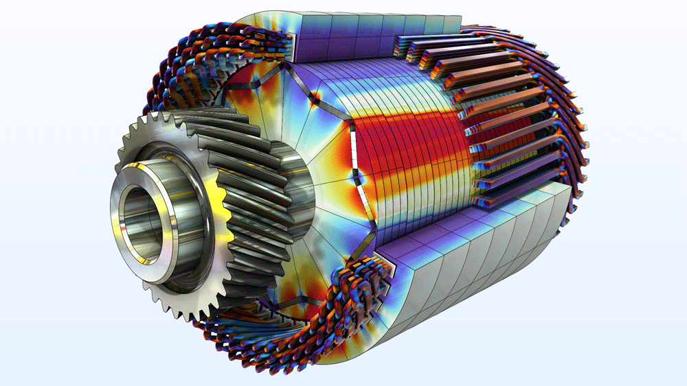 A 3D permanent magnet motor model visualized with coils and the core in the Dipole color table.