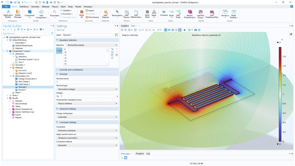 The COMSOL Multiphysics UI showing the Model Builder with the Terminal node highlighted, the corresponding Settings window, and a capacitor model in the Graphics window.