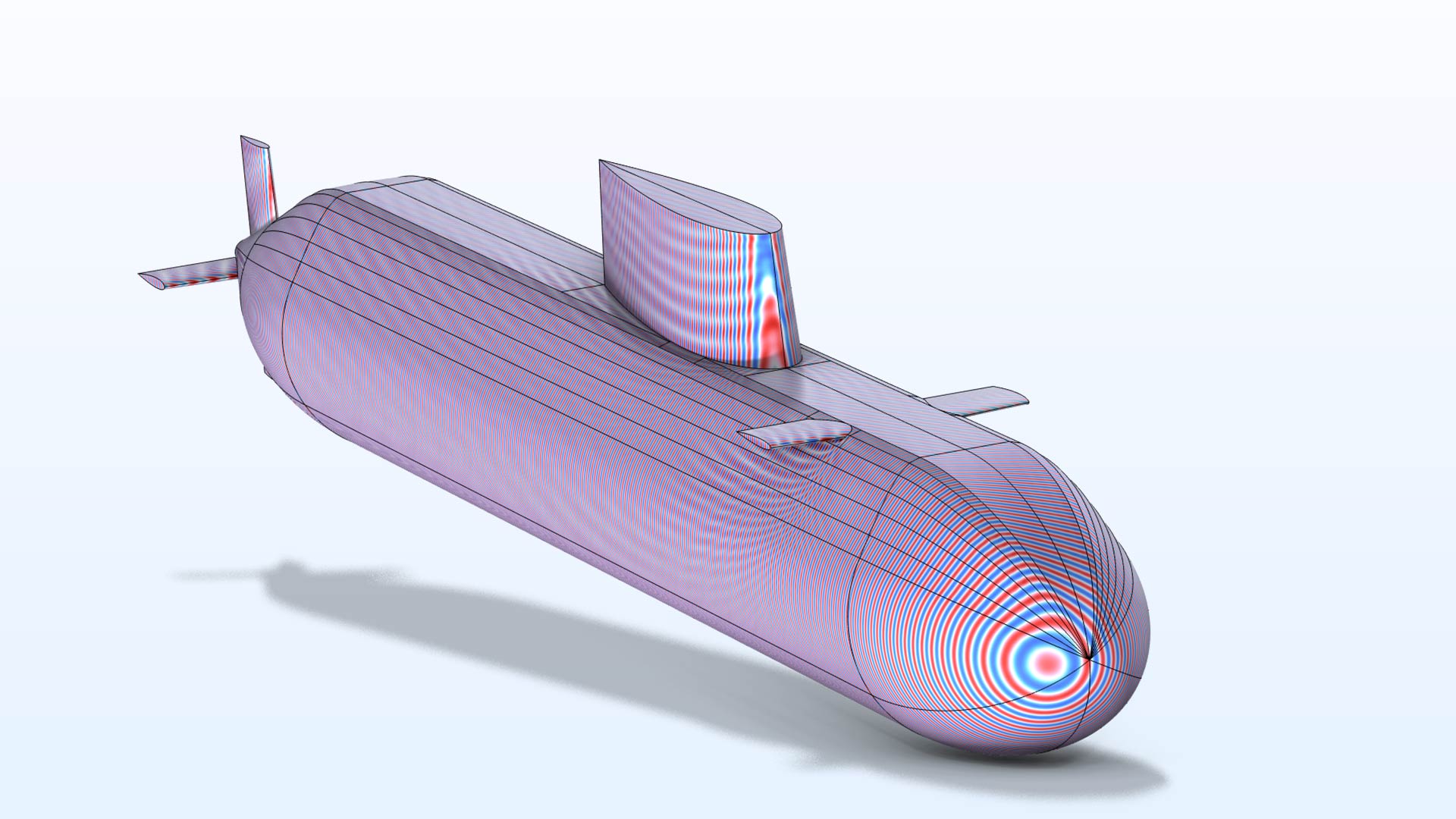 A submarine model showing the radiation pattern in the Wave color table.