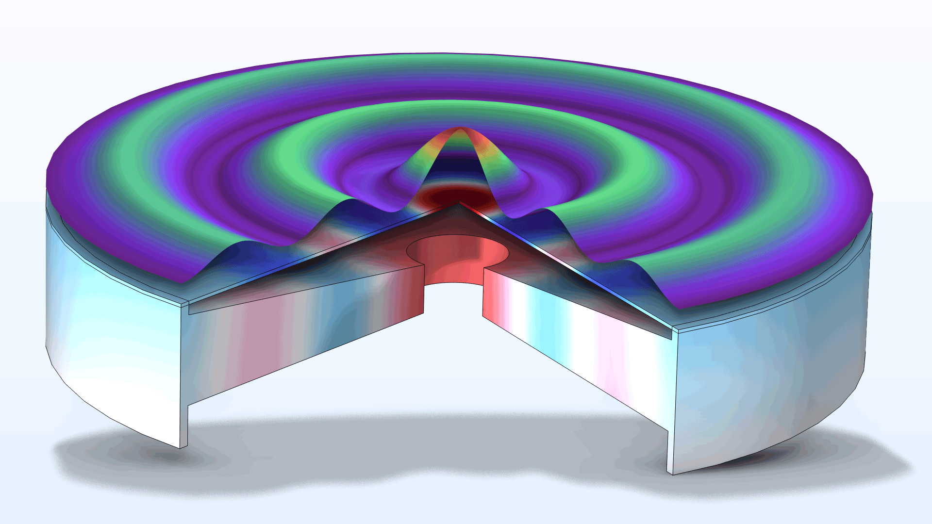 A condenser microphone model showing the mechanical deformation of the diaphragm in the Wave and Aurora Borealis color tables.