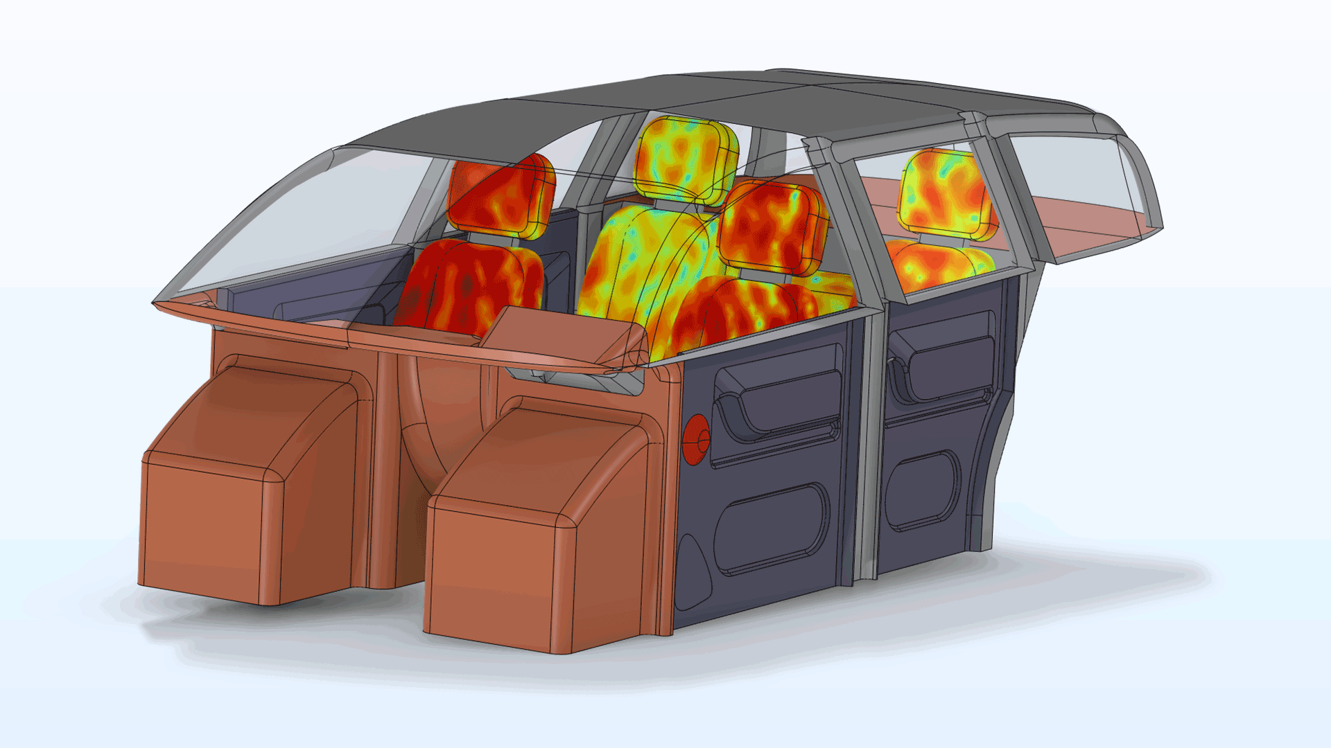 A car cabin model showing the sound system performance in the Traffic Flow color table.