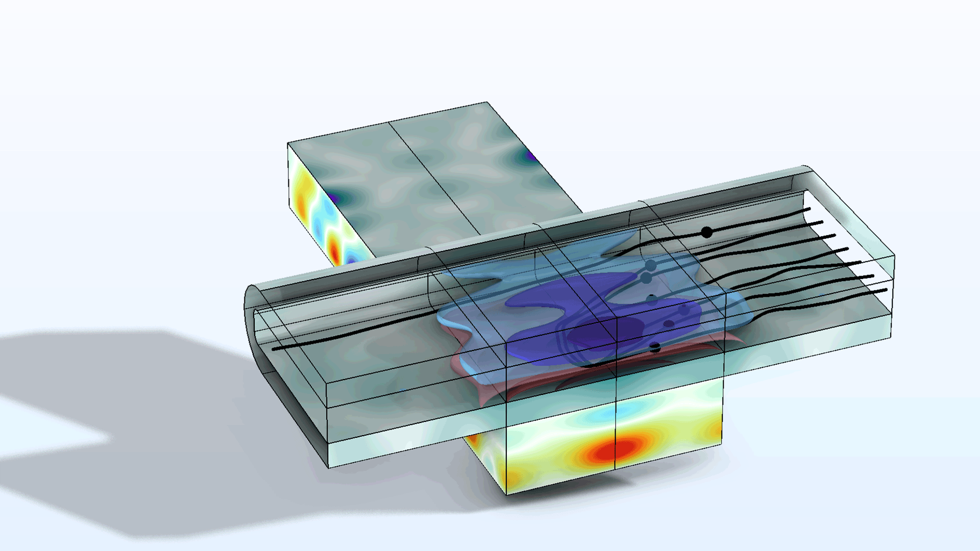 A glass capillary model showing the drag forces created from acoustic flow in the Thermal Wave color table.
