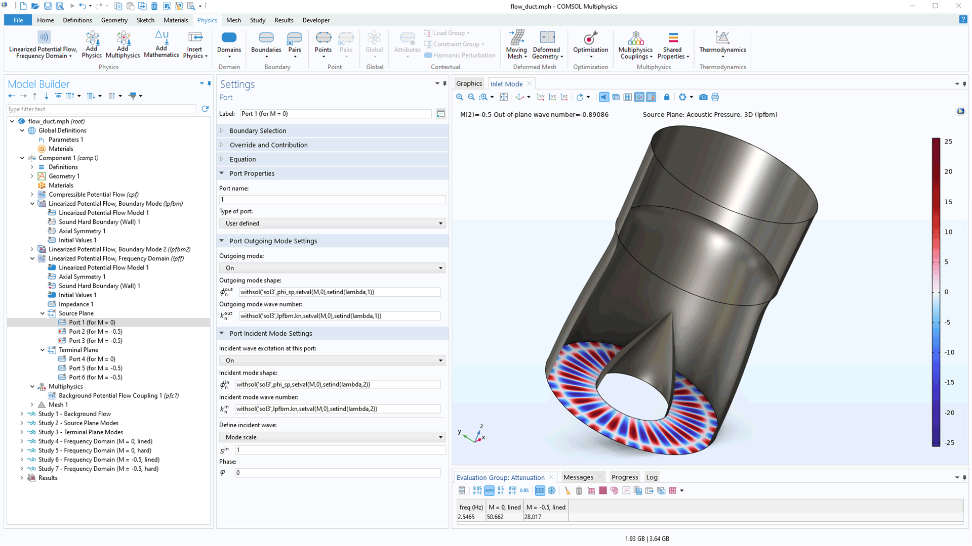 The COMSOL Multiphysics UI showing the Model Builder with a Port node highlighted, the corresponding Settings window, and a turbojet engine flow duct model in the Graphics window.