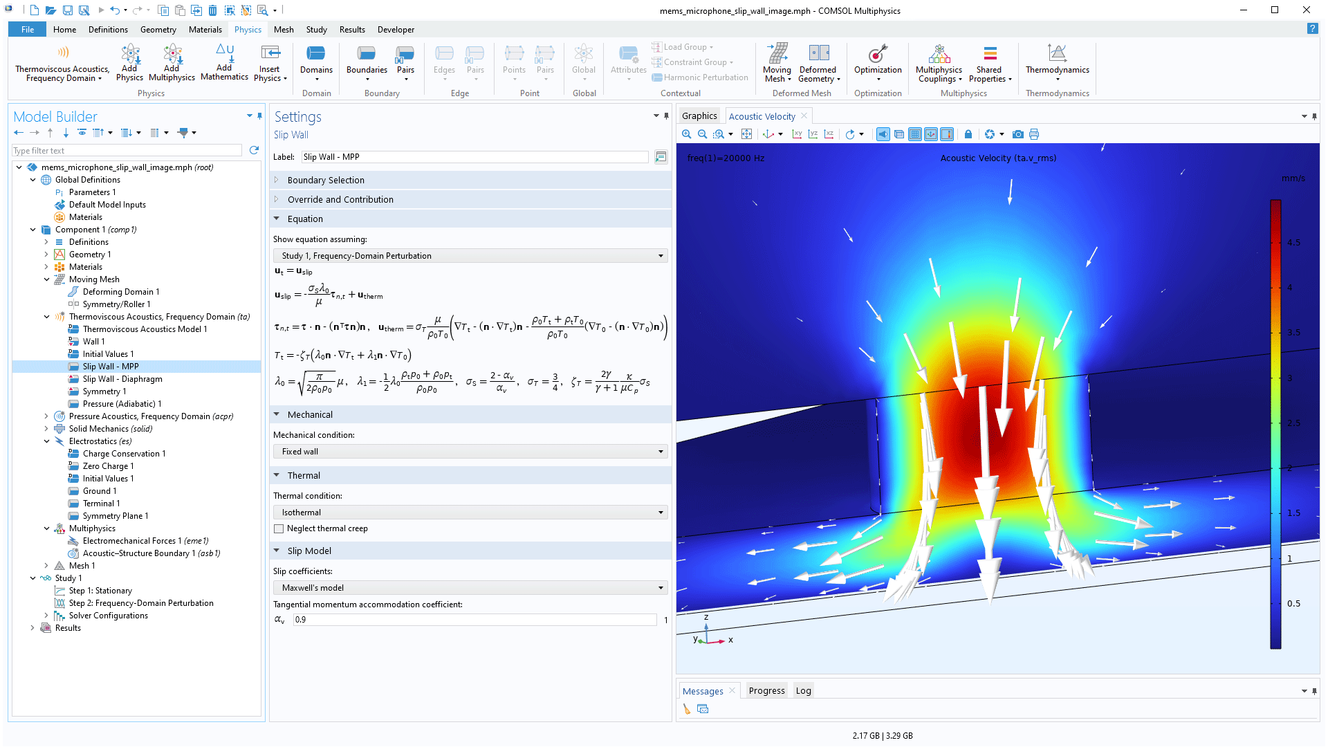The COMSOL Multiphysics UI showing the Model Builder with the Slip Wall node highlighted, the corresponding Settings window, and a MEMS microphone model in the Graphics window.