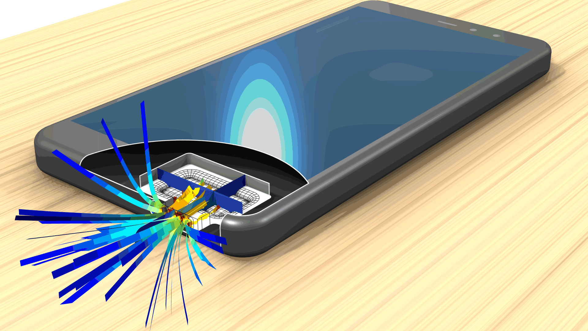 A smartphone model showing the radiation pattern of the acoustic port using a streamline plot in the Rainbow color table.