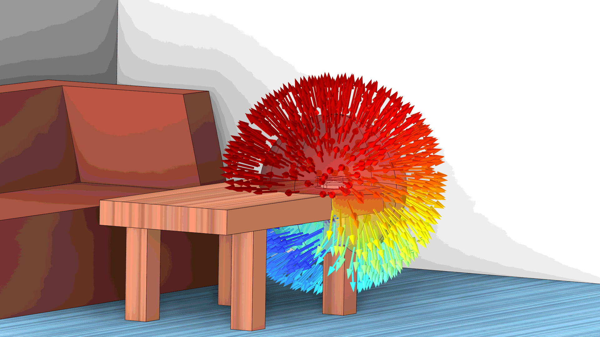 A speaker model showing the magnitude and direction of the acoustic source in the Rainbow color table.