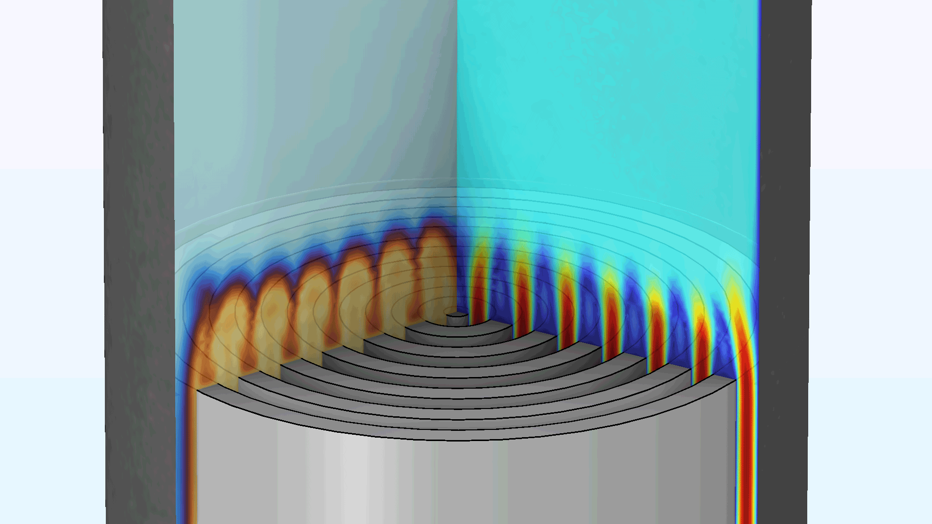 A heat exchanger model showing the acoustic velocity and temperature fluctuations in the Rainbow and Thermal Wave color tables.