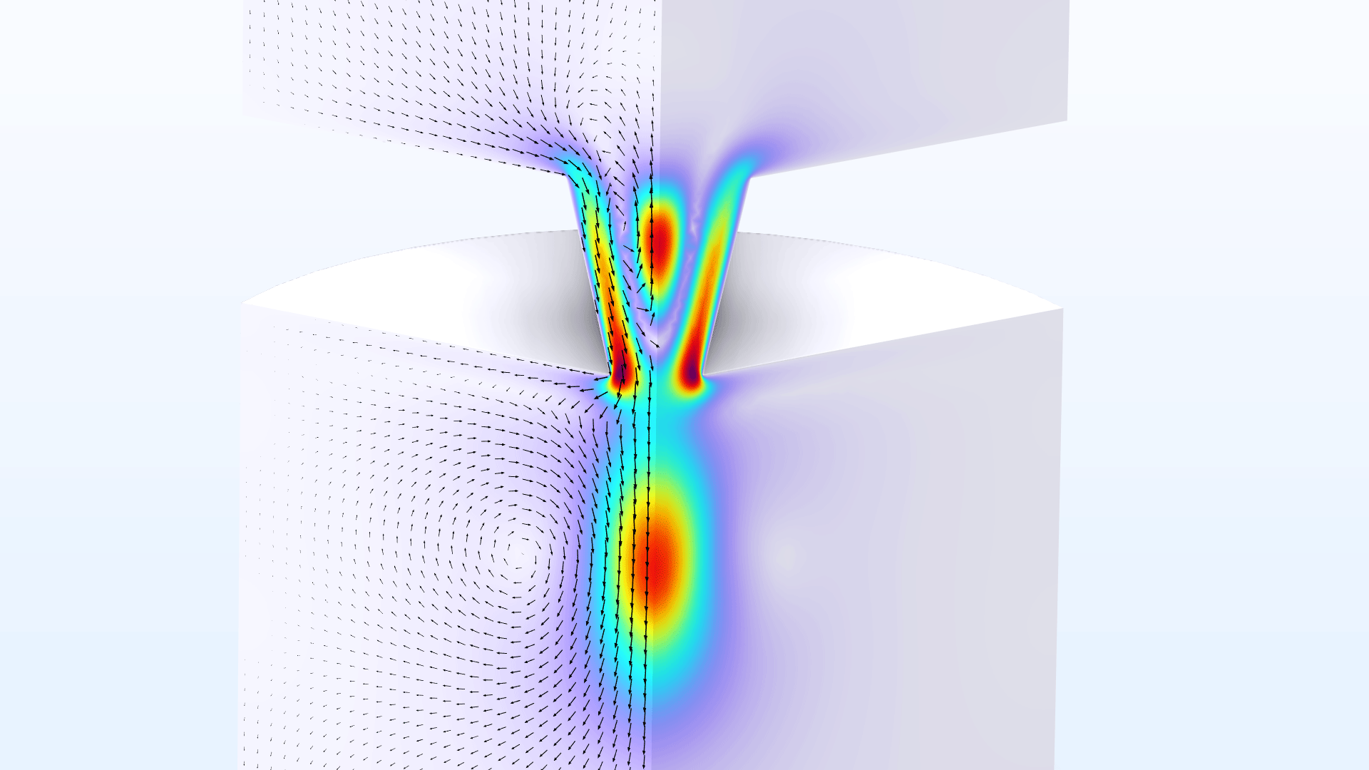 A tapered orifice model showing the nonlinear acoustic losses in the Prism color table.