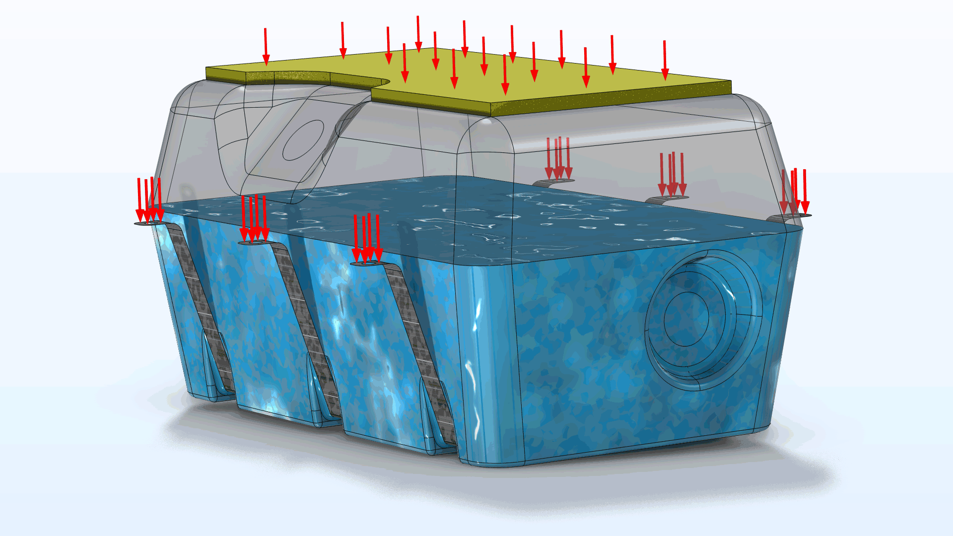 A fuel tank model showing its vibration pattern in red arrows.