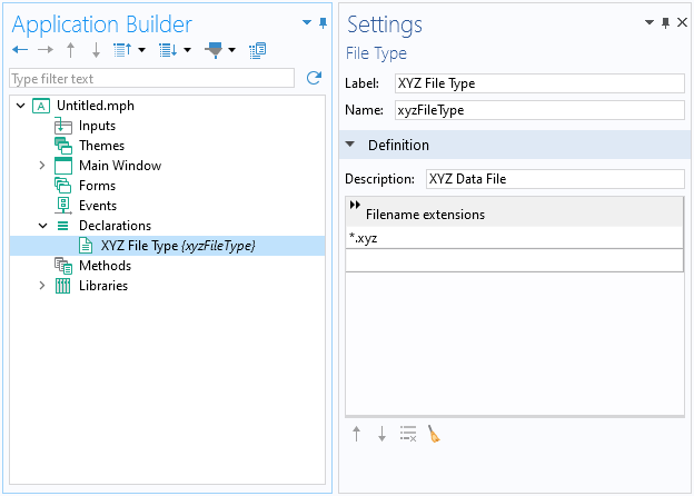 The Application Builder tree with the File Type declarations node highlighted and its corresponding Settings window.
